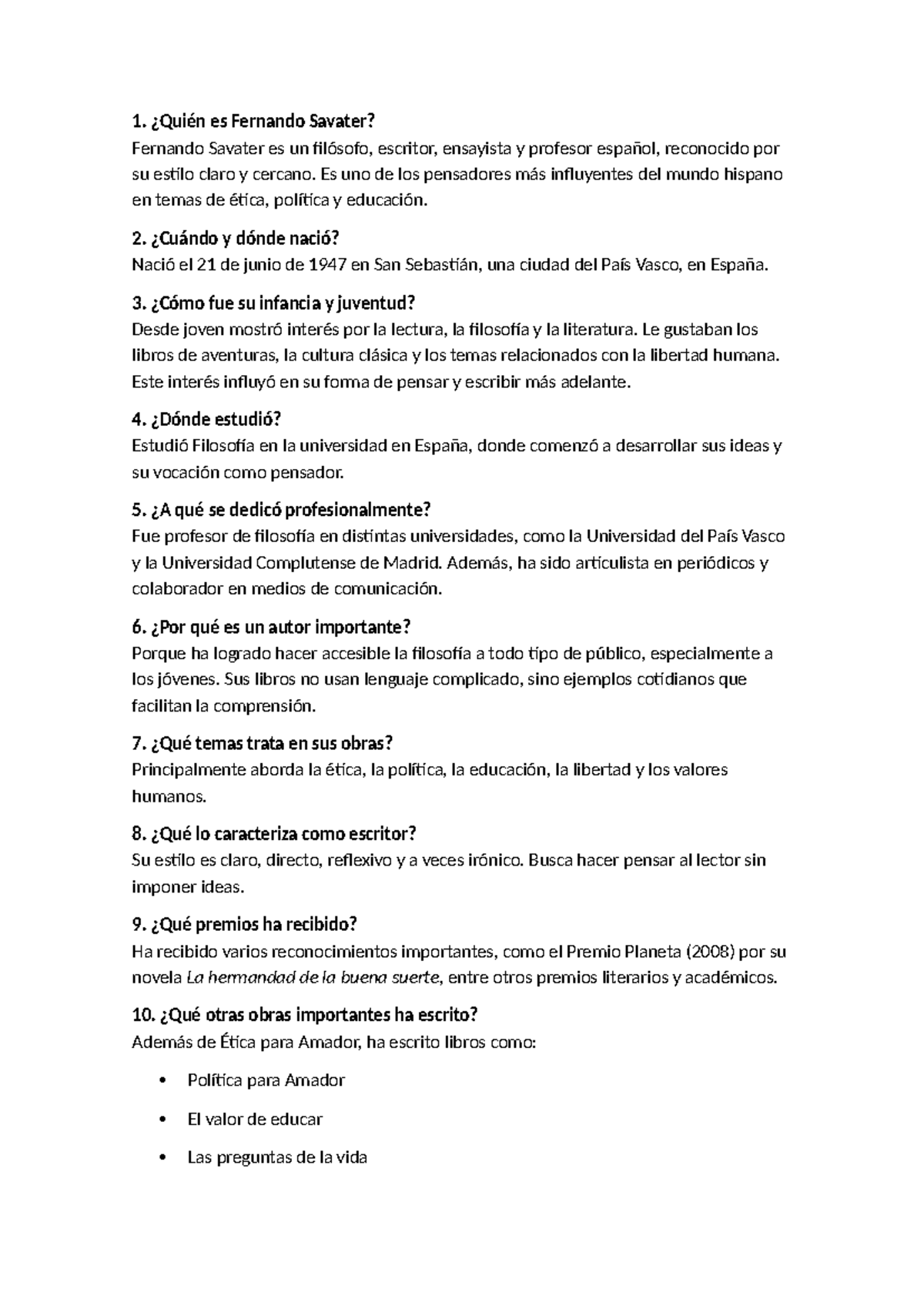 Ética y Libertad: Control de Lectura sobre Savater - Studocu