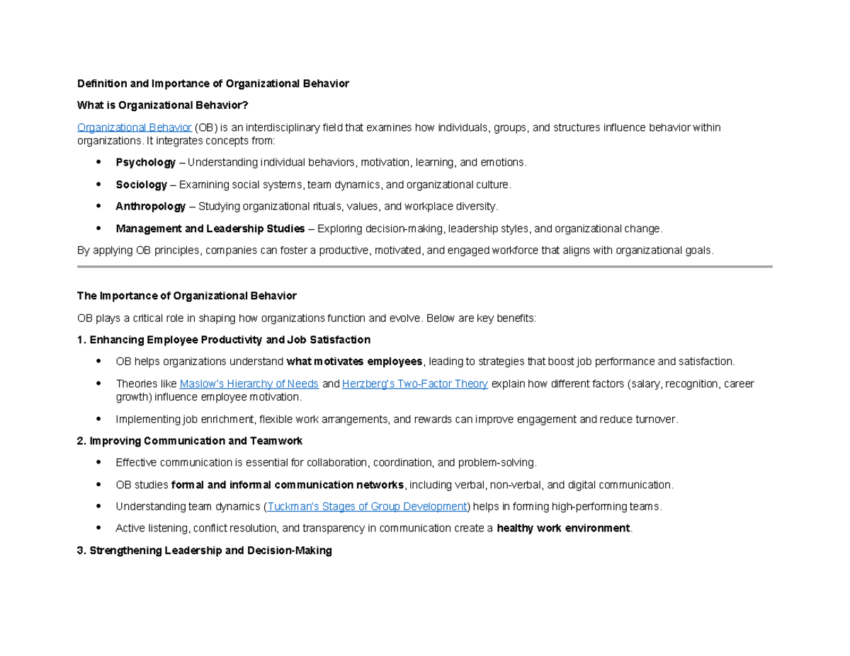 Organizational Behavior Overview: Key Concepts and Importance (OB CHAP ...