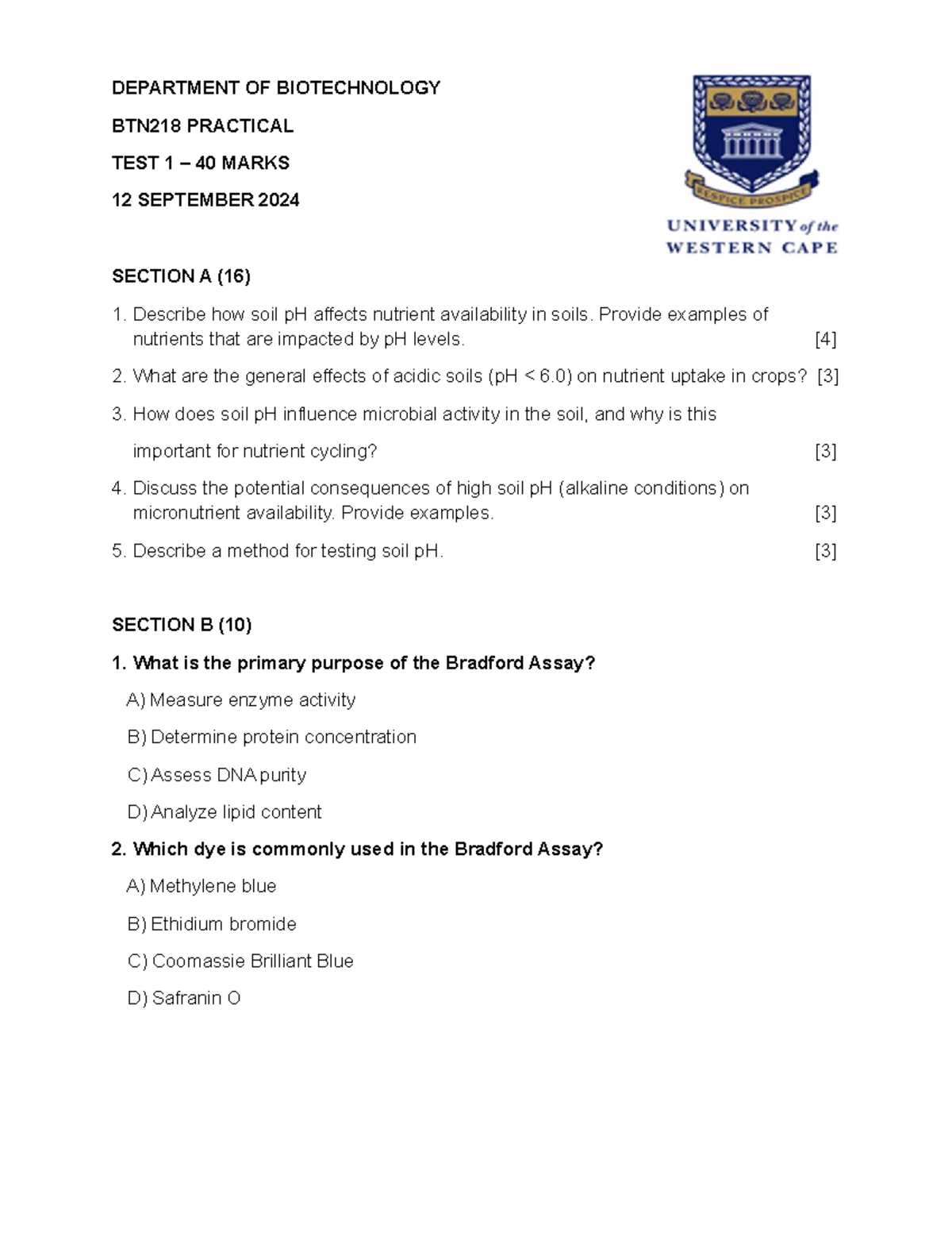BTN218 Practical Test 1: Soil pH & Bradford Assay Insights - Studocu