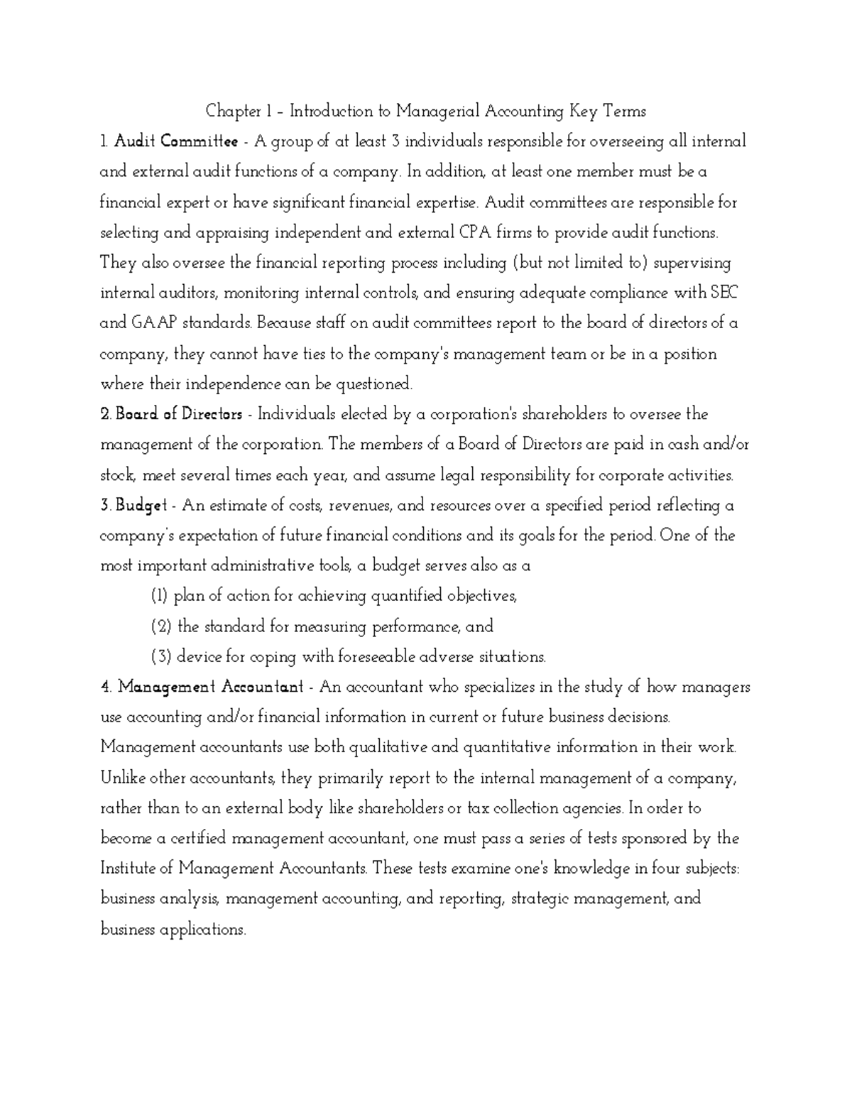 ACC241 Chapter 1 & 2 Managerial Accounting Key Terms Notes - Studocu