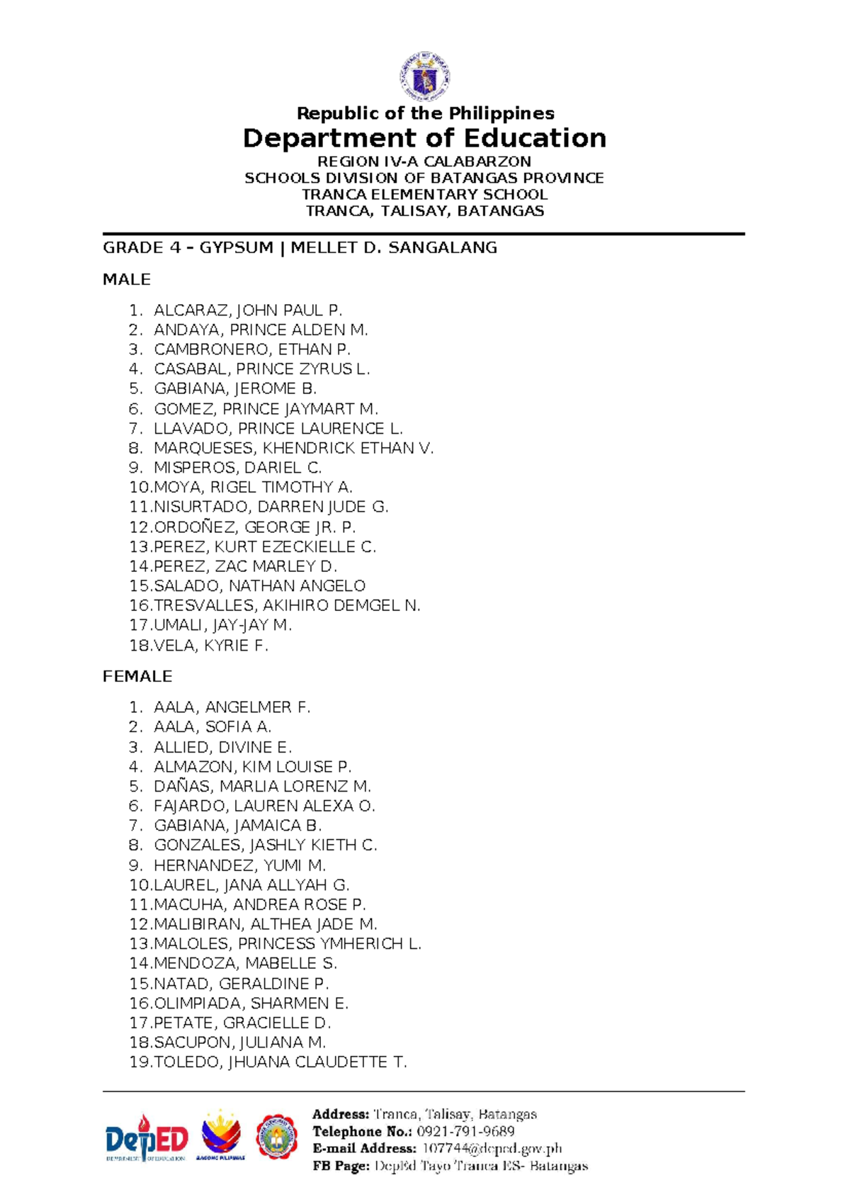 Grade 4 Gypsum Math Class Roster and Profile S.Y. 2023-2024 - Studocu