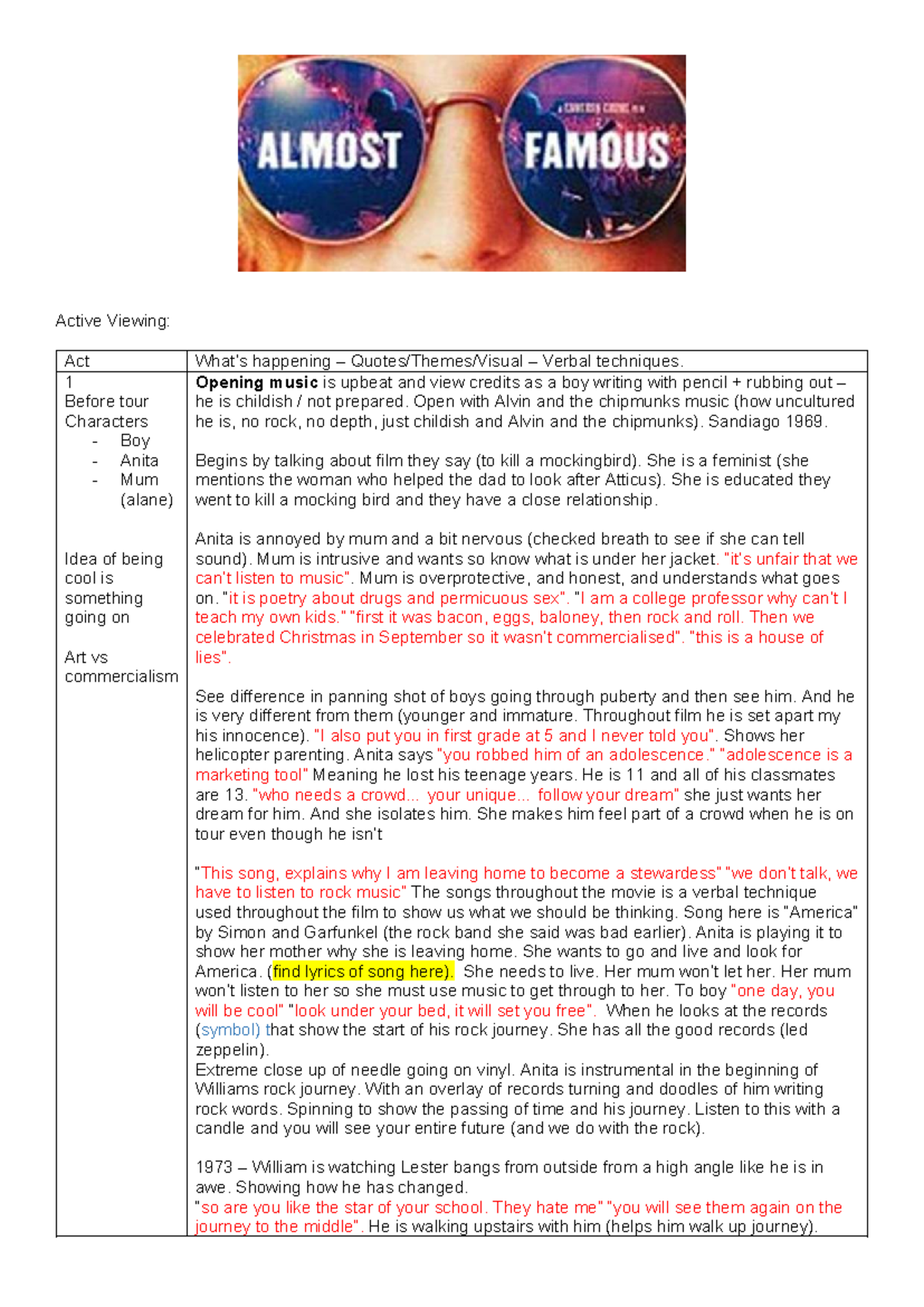 Active Viewing: Analysis of Characters and Themes in Act 1 of Film ...