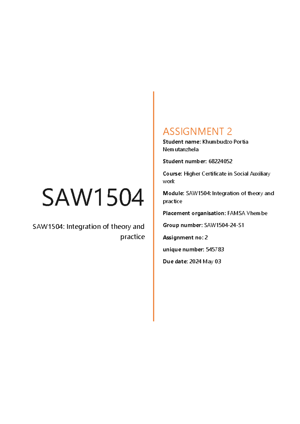 SAW1504 Assignment 2: Enhancing Support for Grade 12 Learners - Studocu