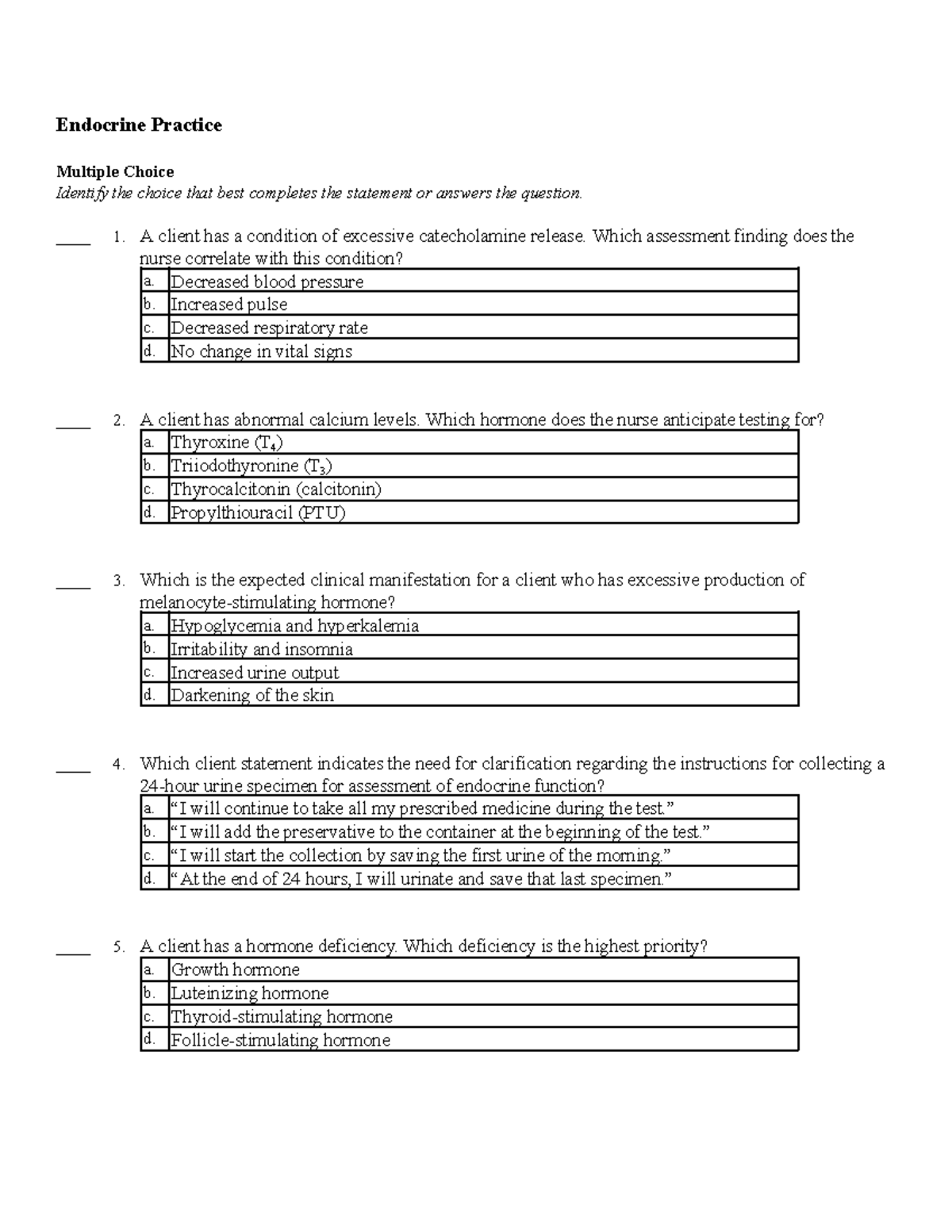 Endocrine Practice - Endocrine Practice Multiple Choice Identify the ...