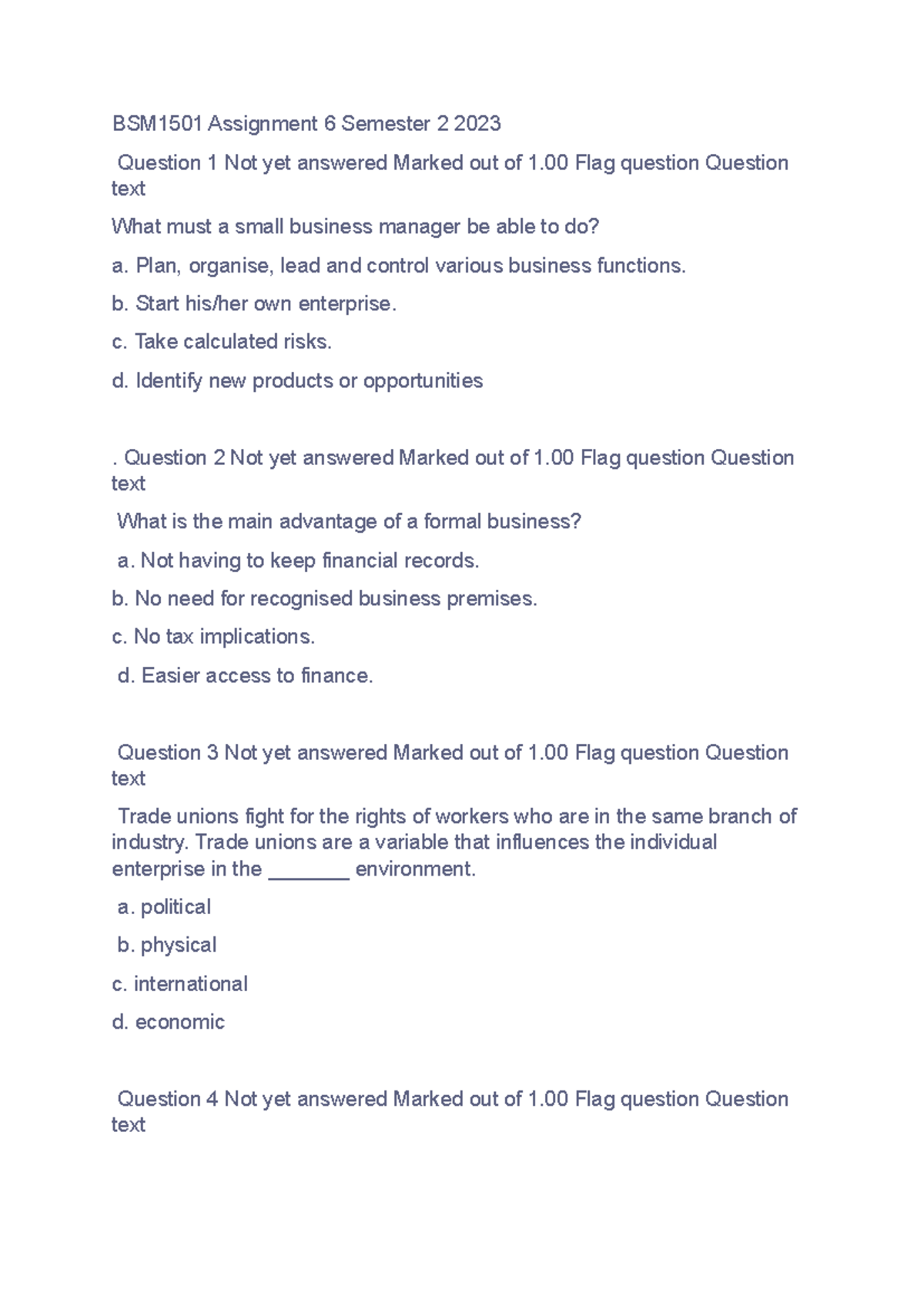 BSM1501 Assignment 6: Small Business Management Questions - S2 2023 ...