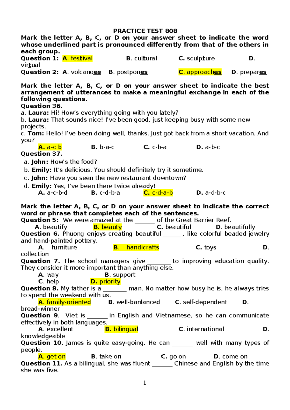 PRACTICE TEST 808: Pronunciation and Sentence Completion Questions ...