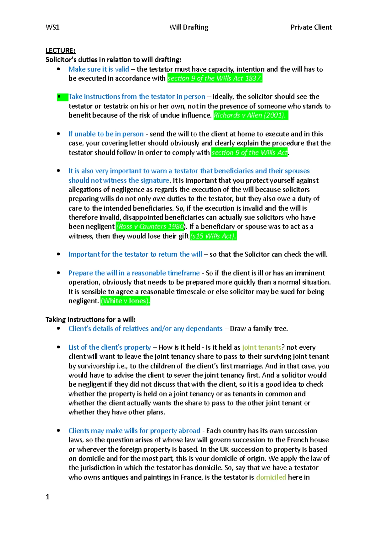 Private Client Notes - Unit 1: Will Drafting Preliminaries Testator ...