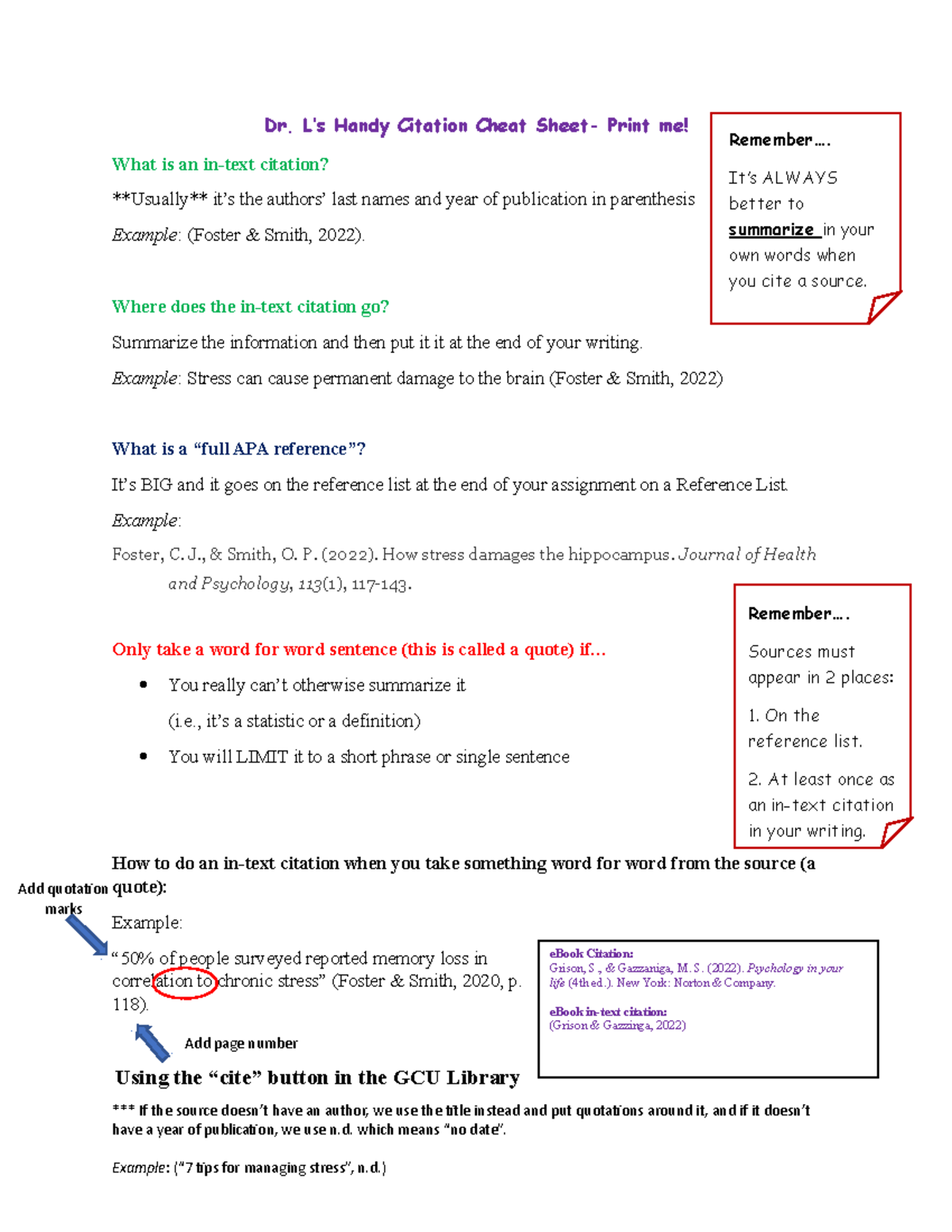 Citation Cheat Sheet - n.a - Dr. L’s Handy Citation Cheat Sheet- Print ...