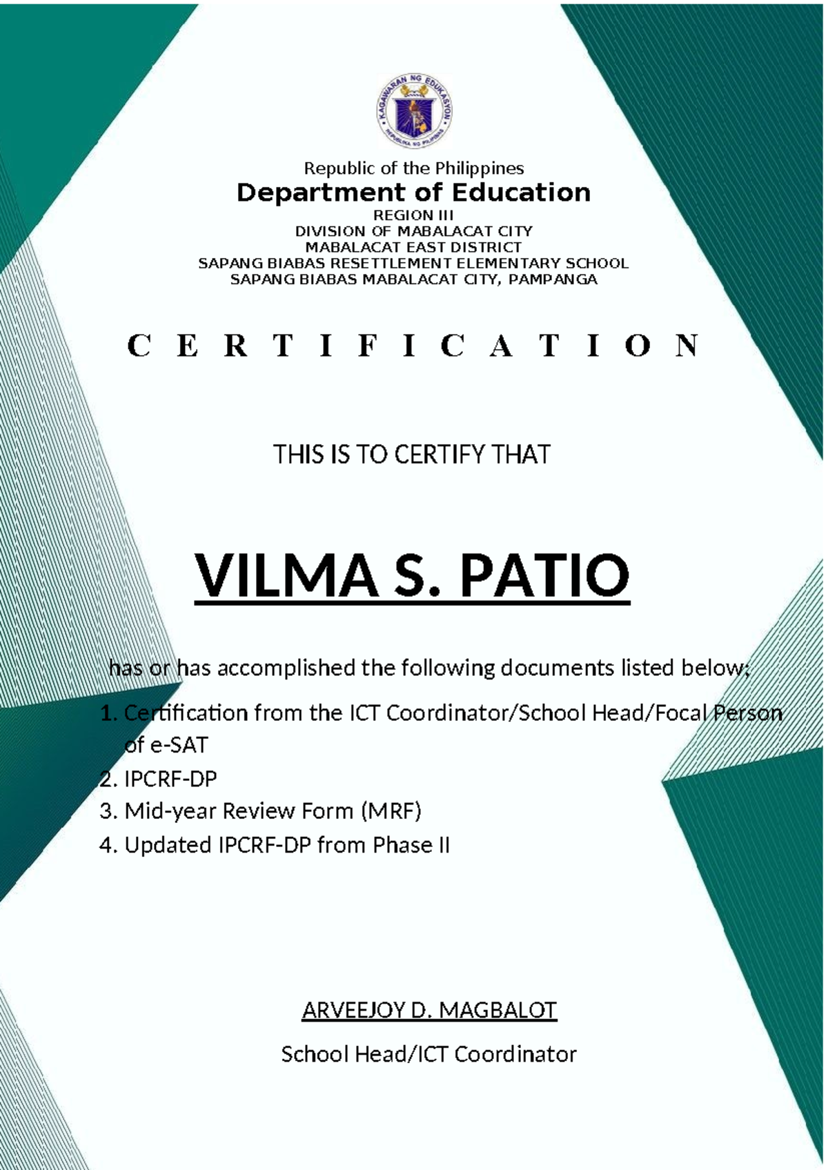 Certification FROM ICT Coordinator - Republic of the Philippines ...