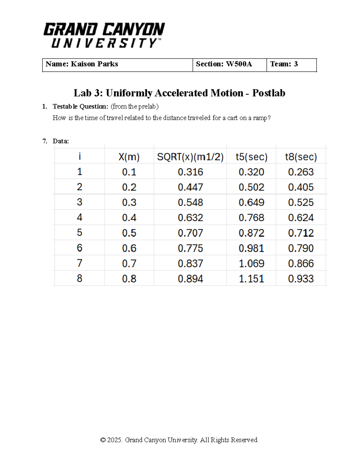 PHY111L W500A Lab 3: Uniformly Accelerated Motion Postlab Analysis ...