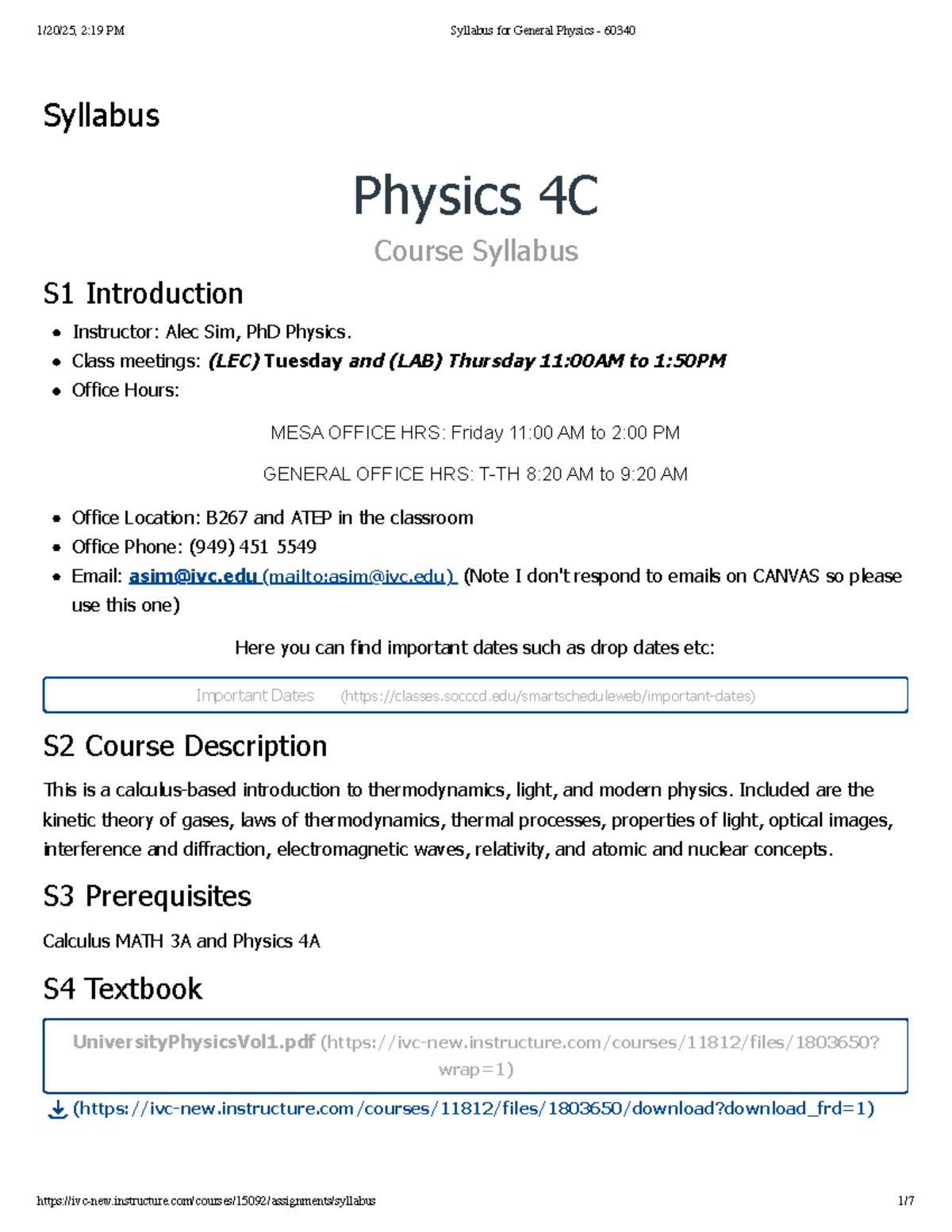 Syllabus for General Physics - 60340 - Physics 4 C Course Syllabus S 1 ...