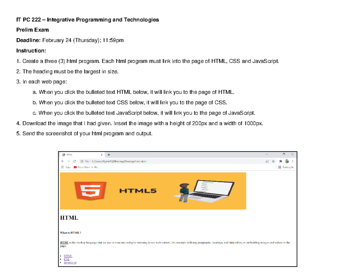 IT PC 222 Prelim Exam - Integrative Programming Instructions - Studocu