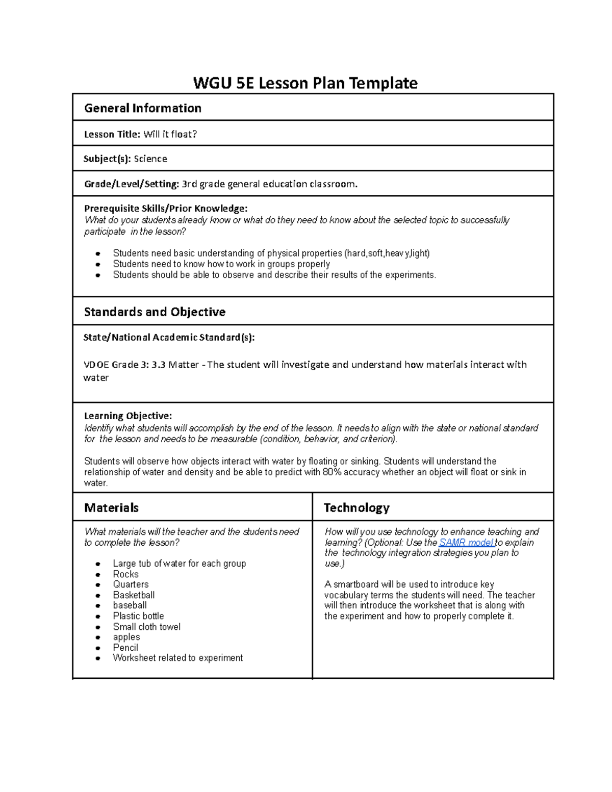 C108 task1 - passed task first attempt - WGU 5E Lesson Plan Template ...