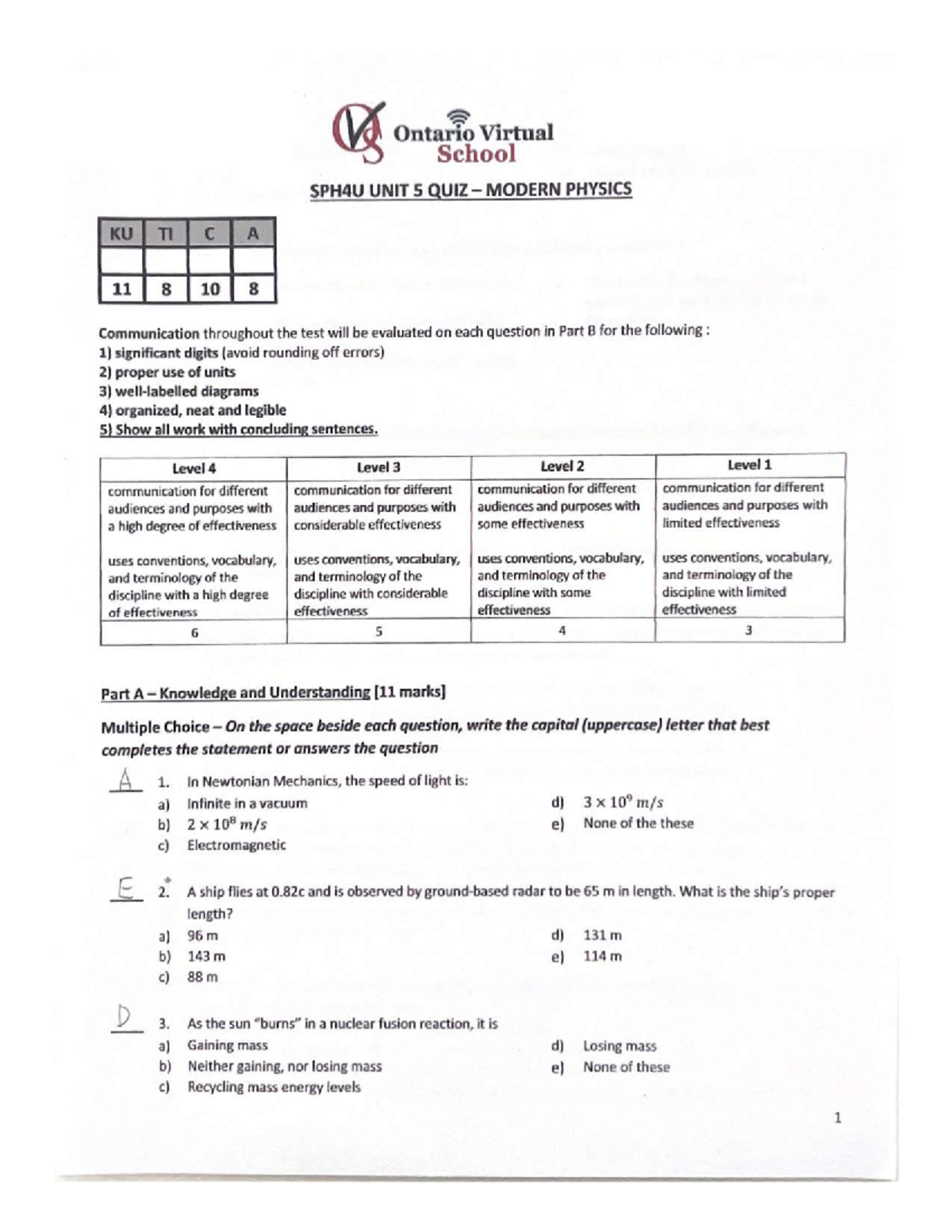 SPH4U Unit 5 Quiz: Modern Physics - Knowledge & Communication ...