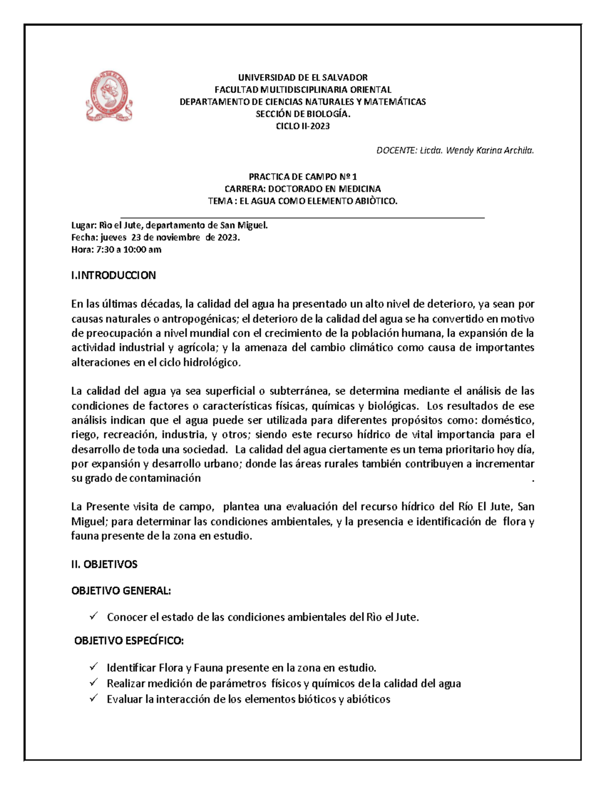 Guía de Campo Nº 1: Evaluación del Agua en Río El Jute - BG 2023 - Document Preview