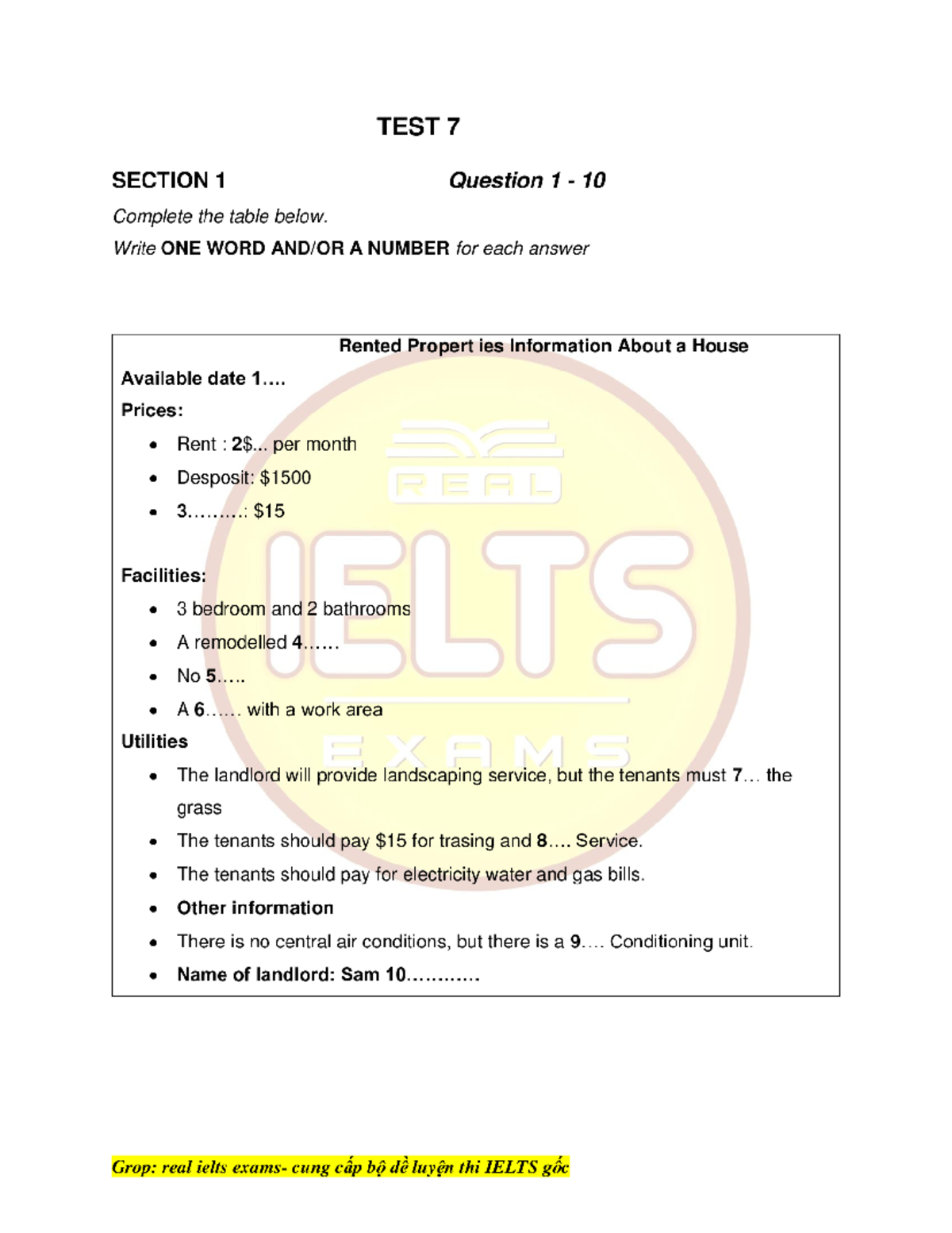 Bản sao của Test 7 - Ielts sample test - TEST 7 SECTION 1 Question 1 10 ...