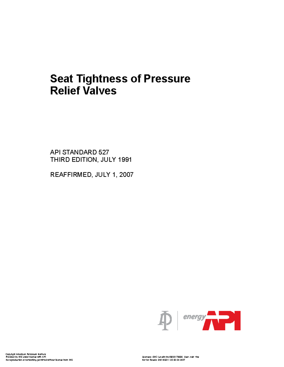 API 527: Seat Tightness Testing for Pressure Relief Valves - Studocu
