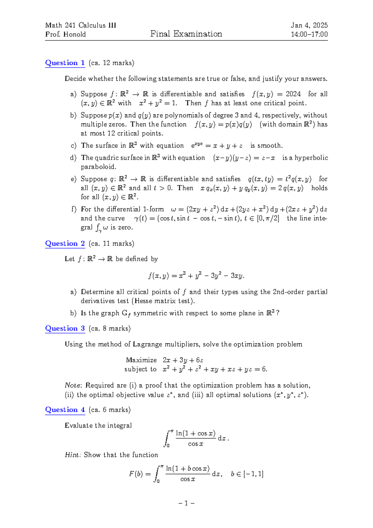 Math 241 Calculus Final Exam Questions and Solutions - Prof. Honold ...