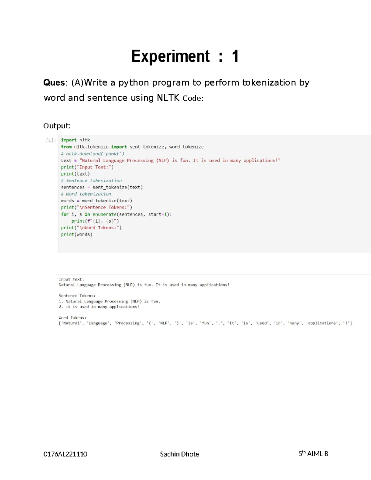 AIML B Experiment: Python Programs for NLP Tasks Using NLTK - Studocu