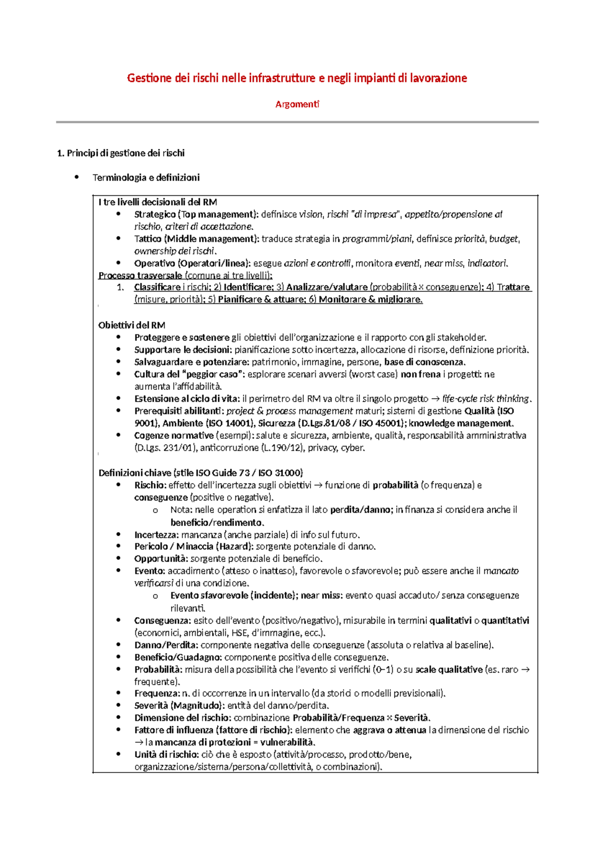 Gestione dei Rischi nelle Infrastrutture e Impianti di Lavorazione ...