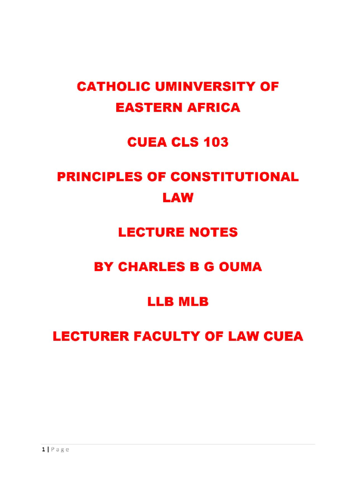 CUEA CLS 103 Principles of Constitutional Law Lecture Notes 2017 - Studocu