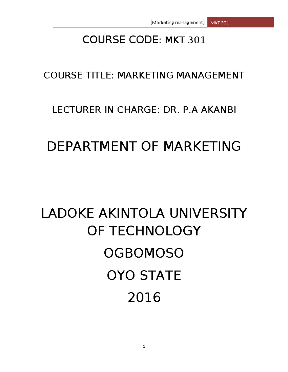 MKT 301 Marketing Management Course Outline and Key Concepts - Studocu