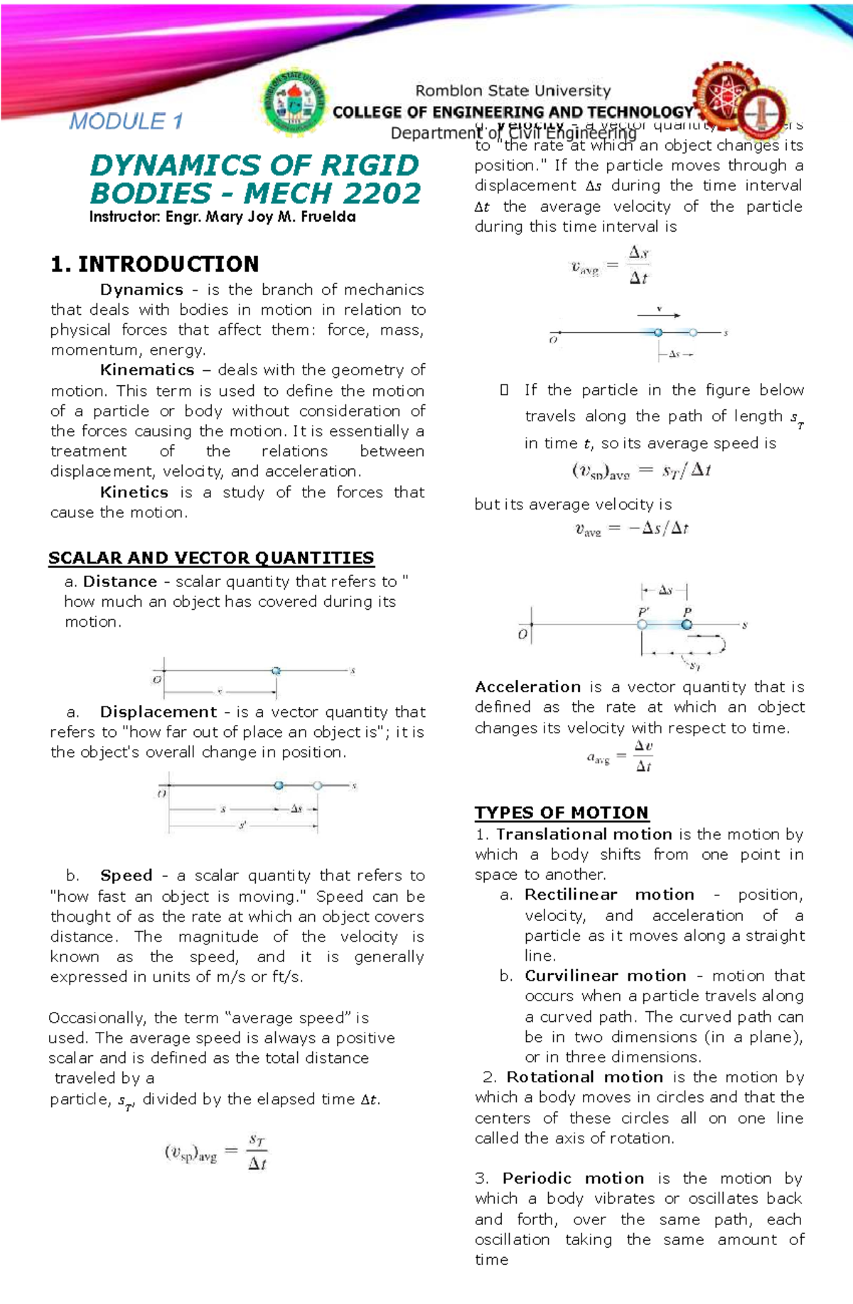 Dynamics of Rigid Bodies - MECH 2202 Module 1 Notes - Studocu