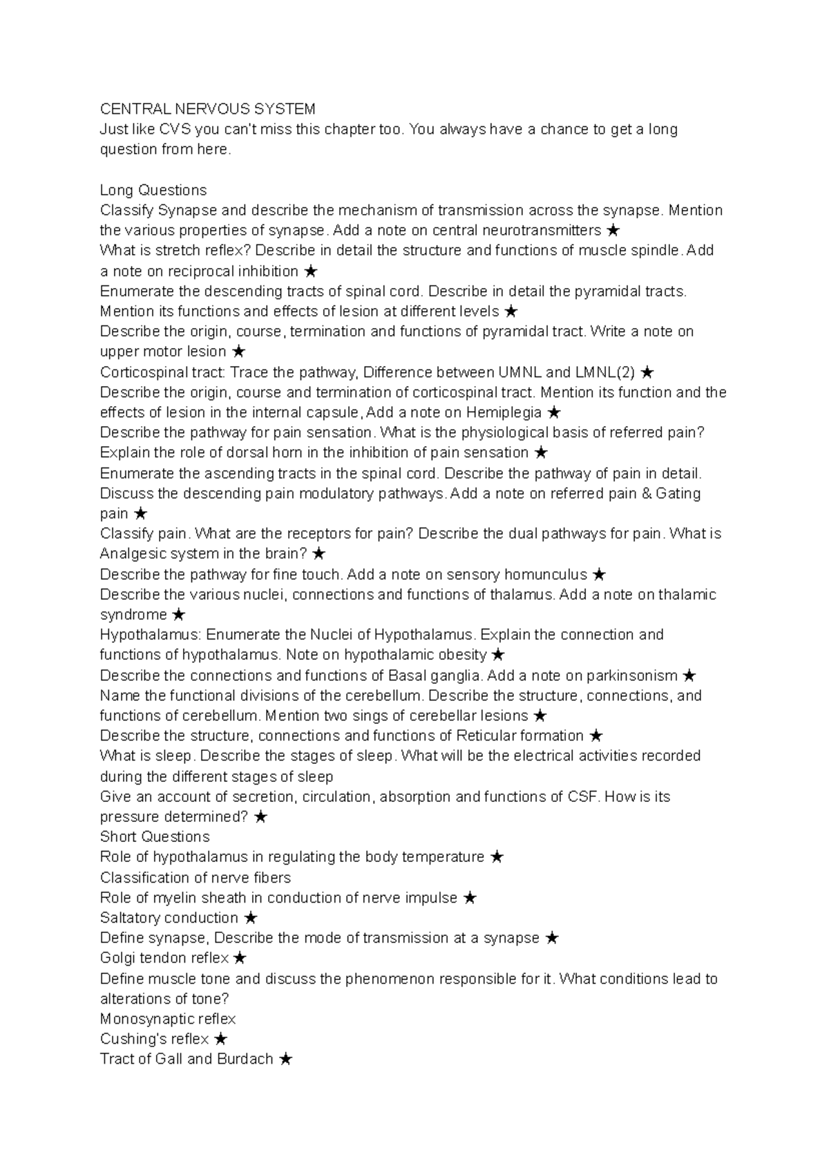 MBBS 1ST YEAR PHYSIOLOGY: CENTRAL NERVOUS SYSTEM STUDY NOTES - Studocu