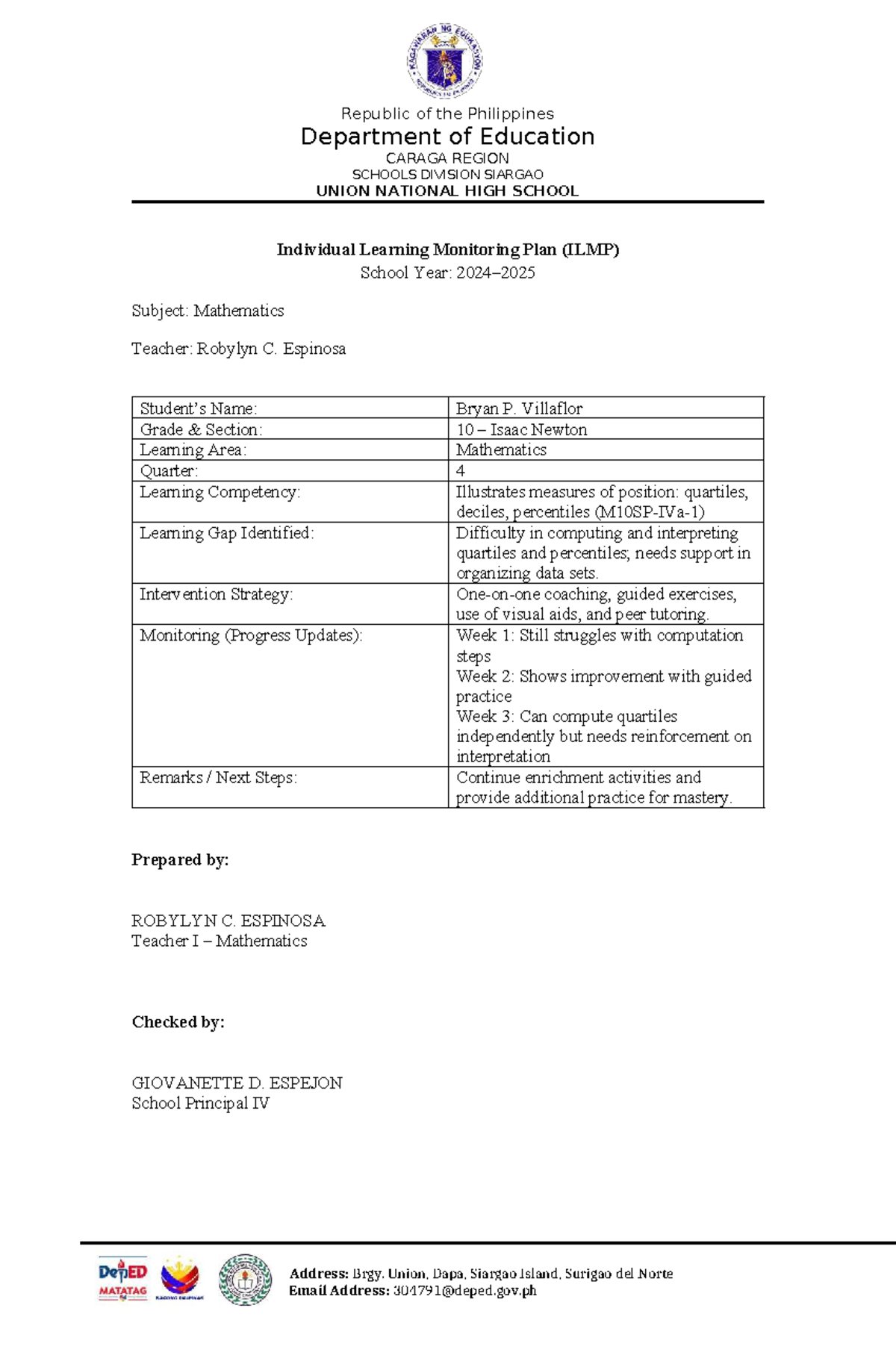 ILMP for Mathematics 10: Monitoring Plan for Bryan P. Villaflor - Studocu
