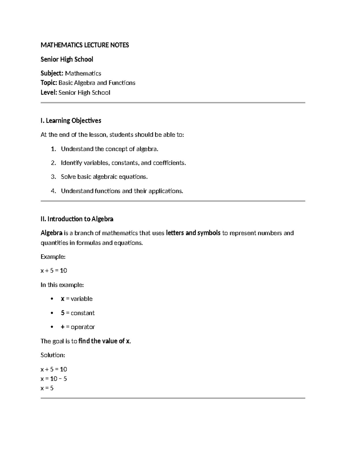 MATHEMATICS LECTURE NOTES: Basic Algebra & Functions - Studocu