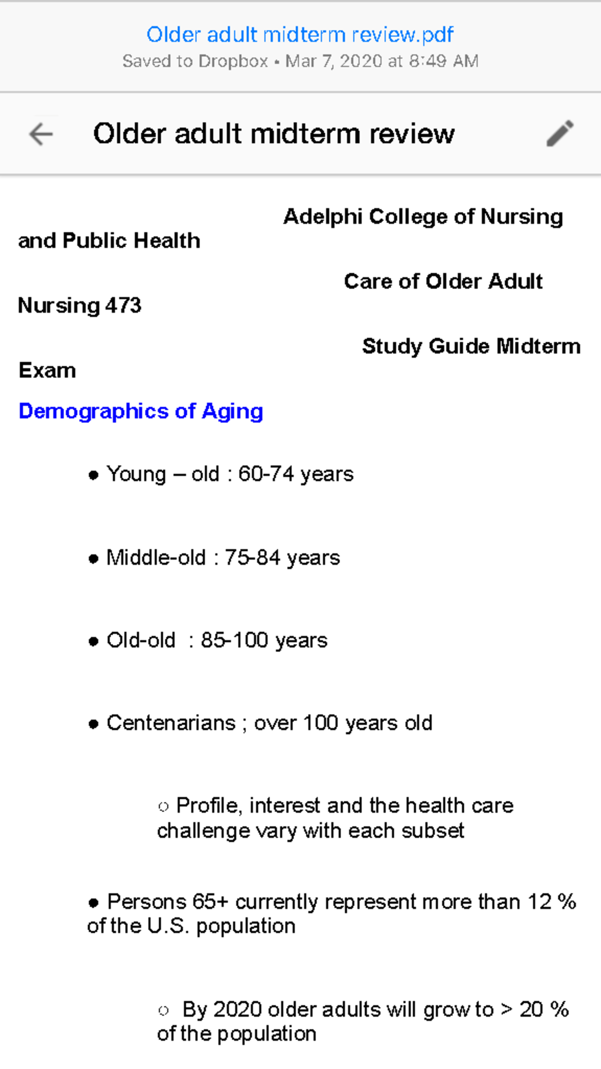 Nursing 473 Midterm Study Guide: Care of Older Adults - Studocu