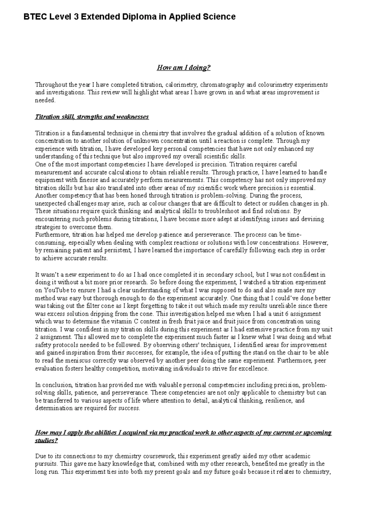 Unit 2 Learning Aim D - applied science - Unit 2 Learning Aim D Aim:The ...