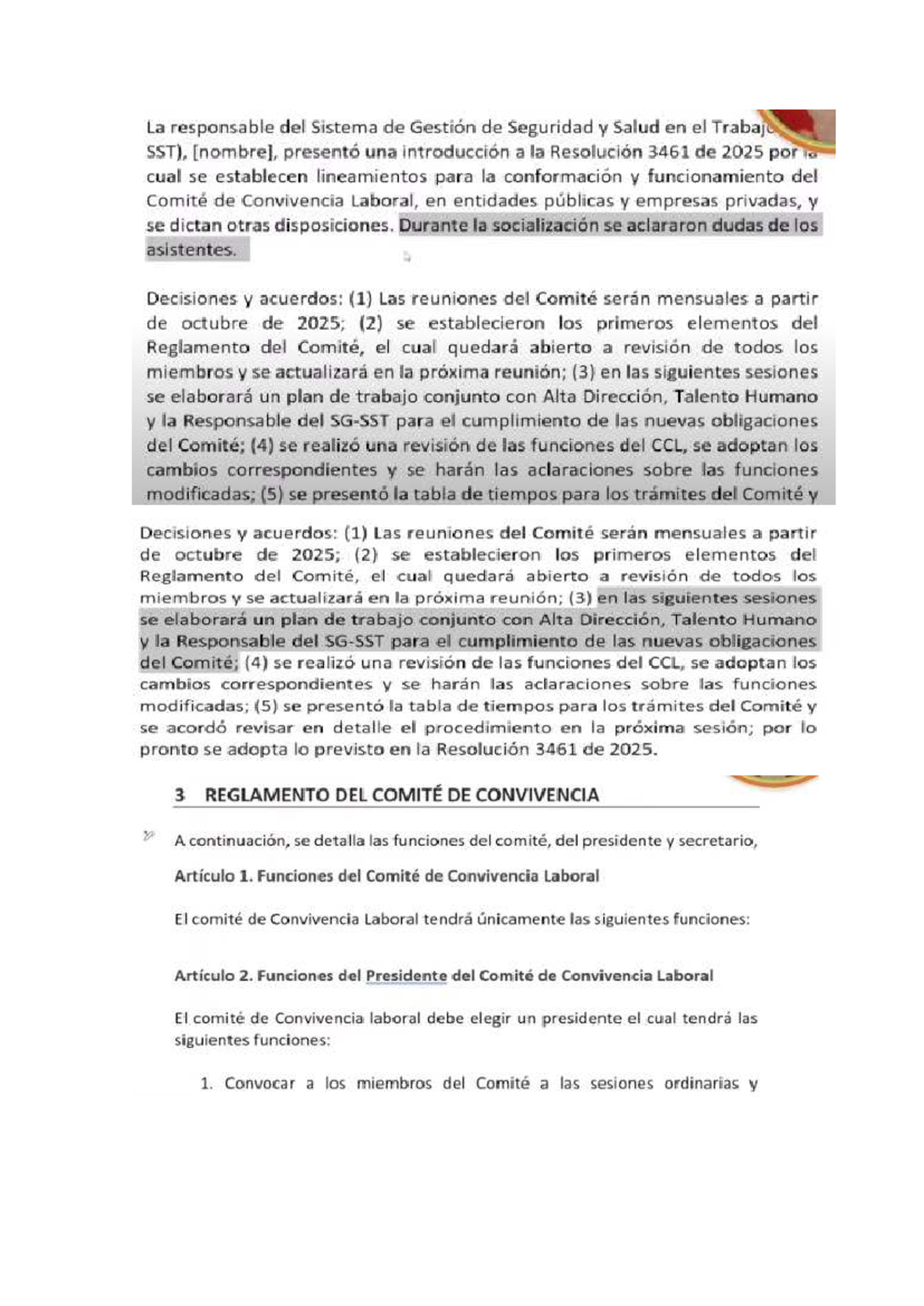 Reglamento del Comité de Convivencia Laboral - Resolución 3461 de 2025 ...