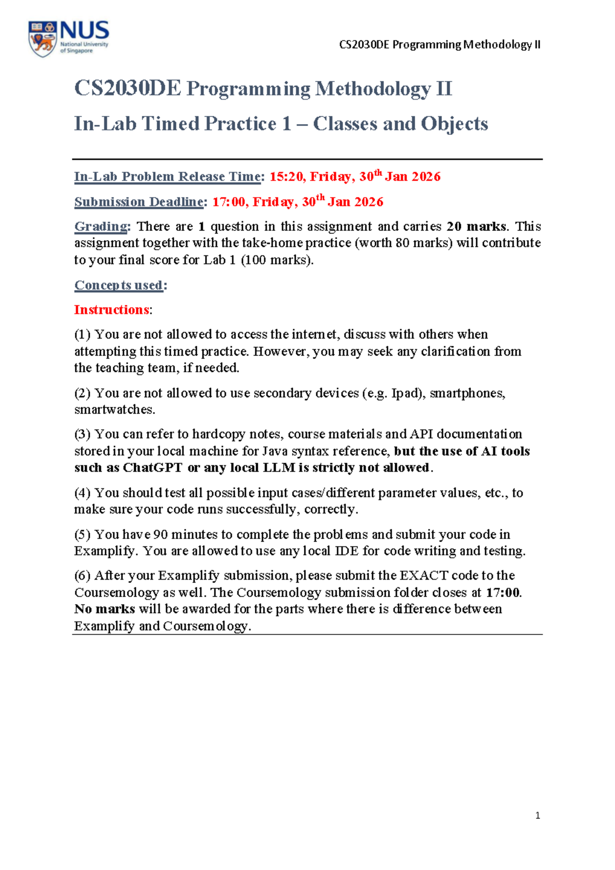 CS2030DE Programming Methodology II Timed Practice 1: Classes & Objects ...