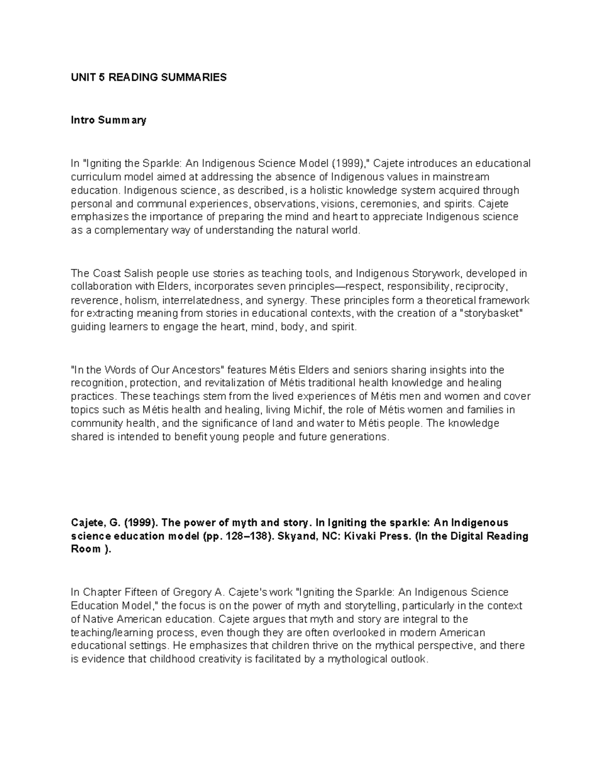UNIT 5 Indigenous Science & Storywork Reading Summaries - Studocu