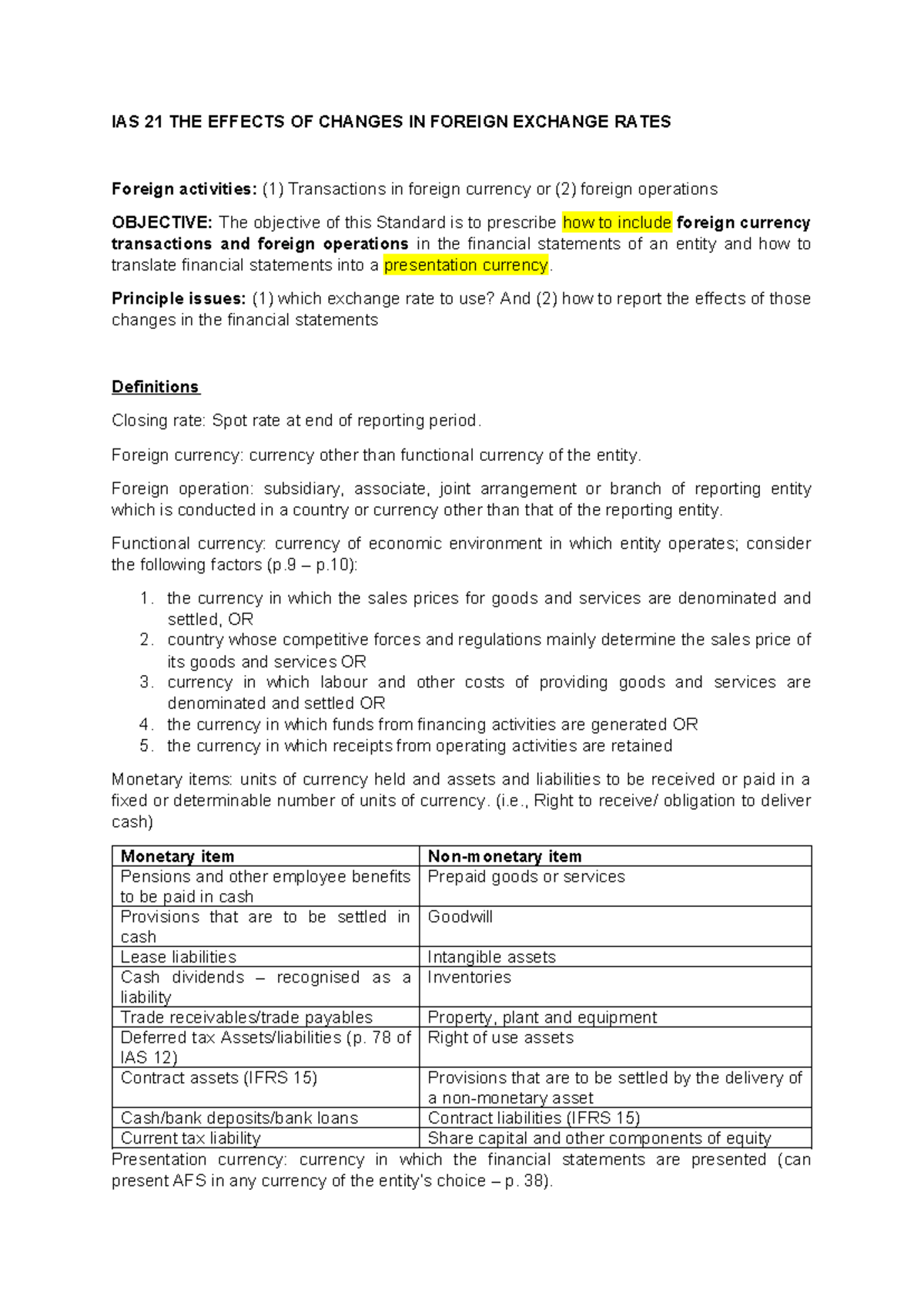 IAS 21 Summary: Effects of Changes in Foreign Exchange Rates - Studocu