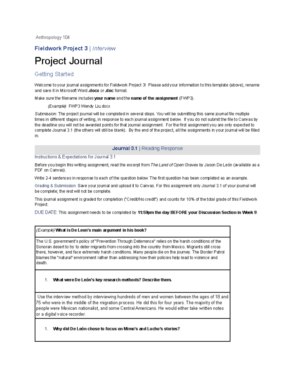 FWP3 - Anthropology 104 Fieldwork Project 3 Journal & Interview Guide ...