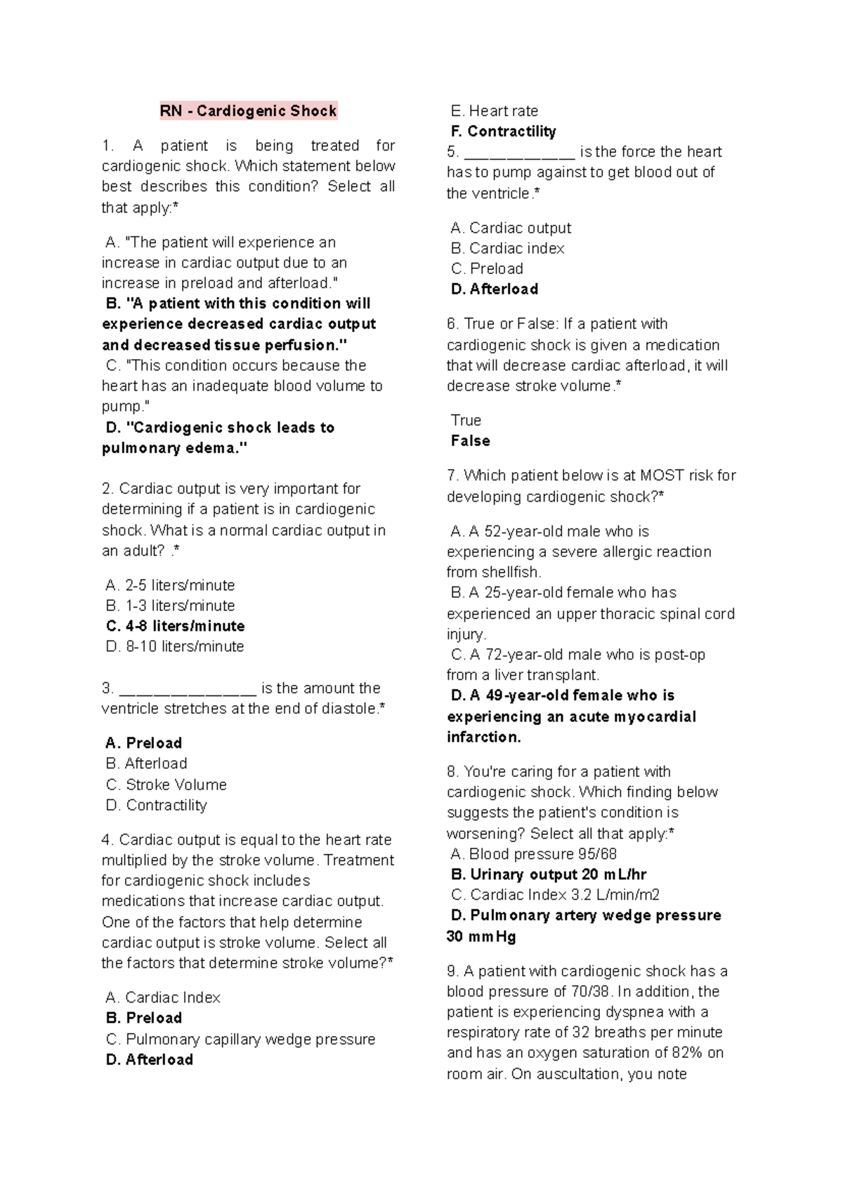 NCM 118 - Cardiogenic Shock Study Guide and Exam Preparation - Studocu
