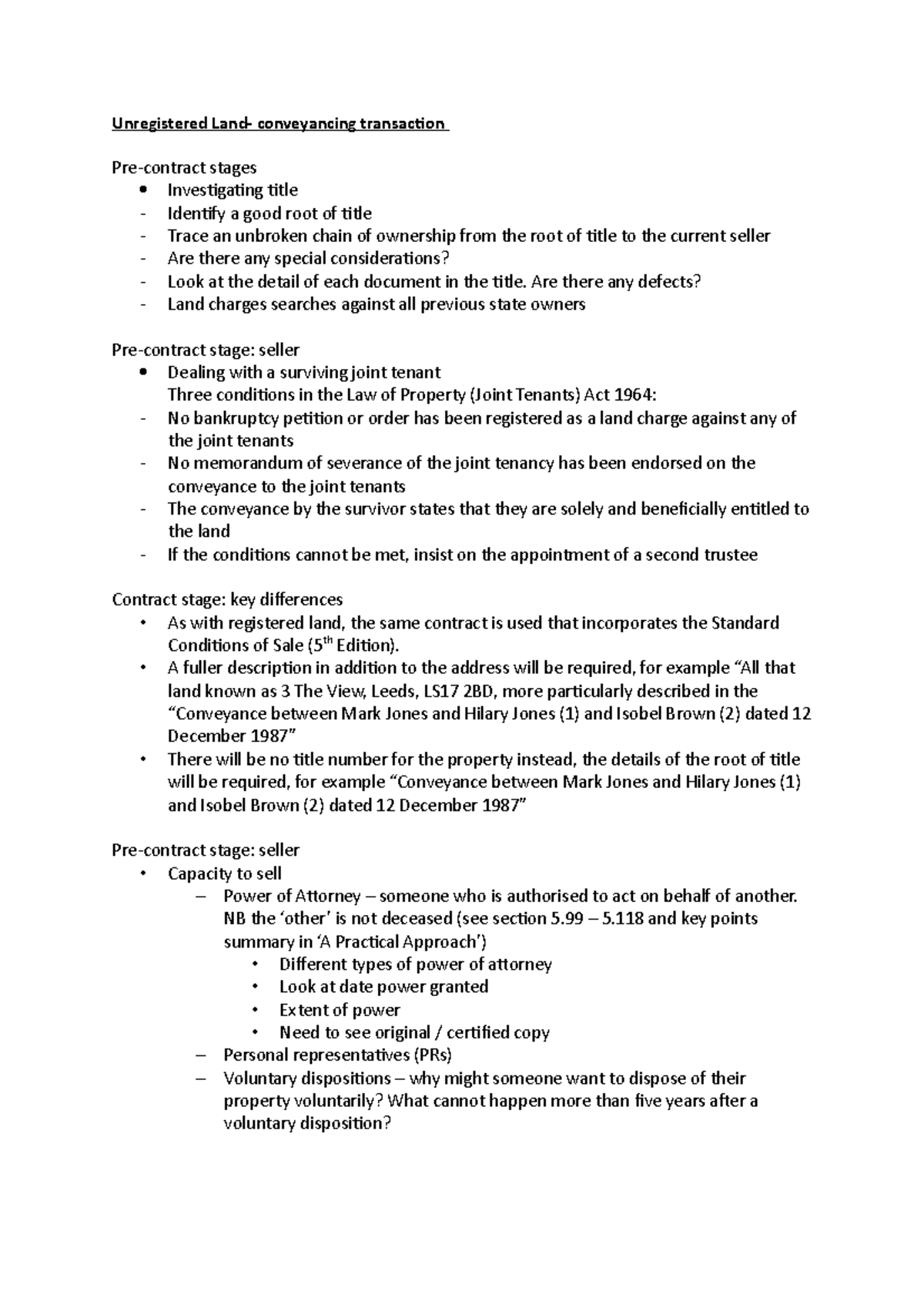 Lecture Notes 19: Unregistered Land - Key Stages of Conveyancing - Studocu