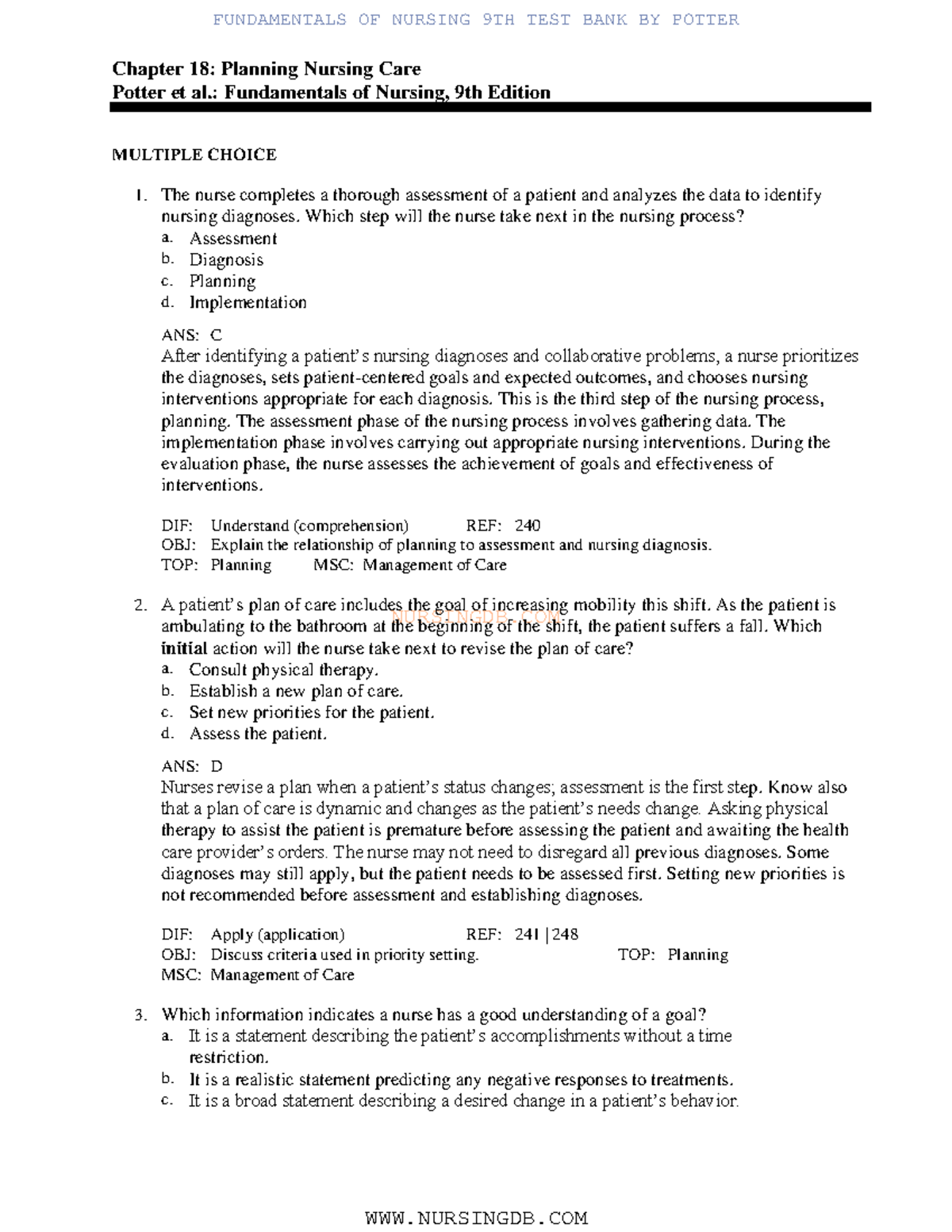 NUR 18 - Test Bank for Nursing Care Planning and Interventions - Studocu