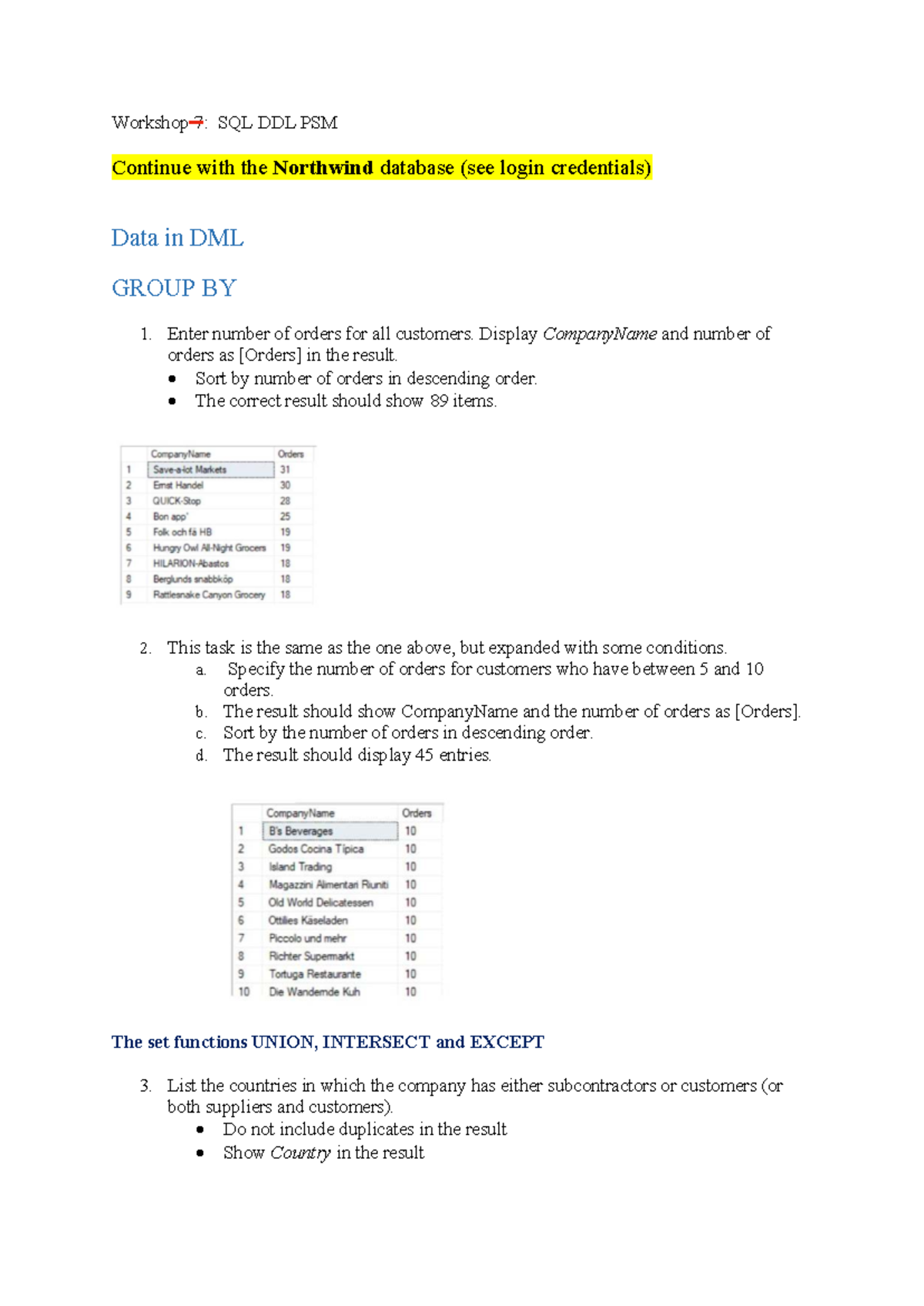 Workshop 7: SQL DDL & DML Tasks for Northwind Database - Studocu
