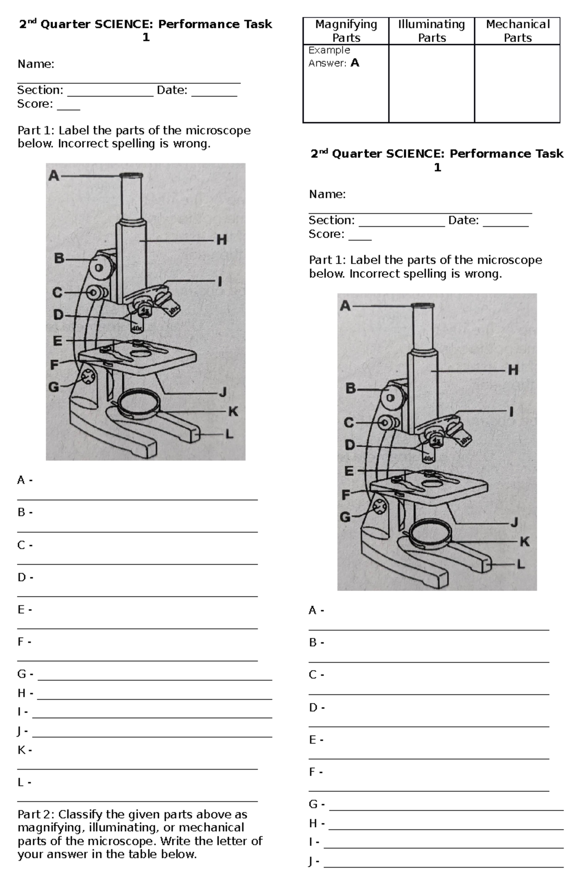 Performance Task 1 - Microscope - 2 nd Quarter SCIENCE: Performance ...