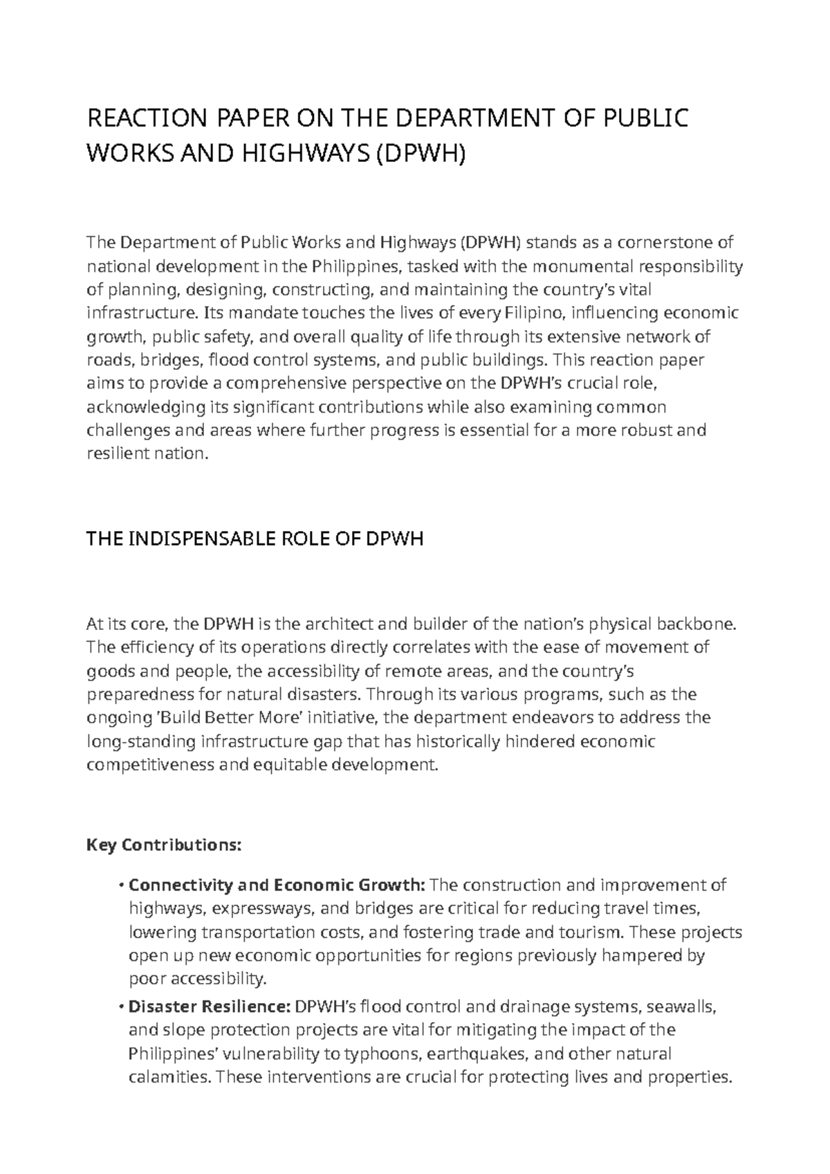 DPWH Reaction Paper: Analyzing Infrastructure Impact and Challenges ...