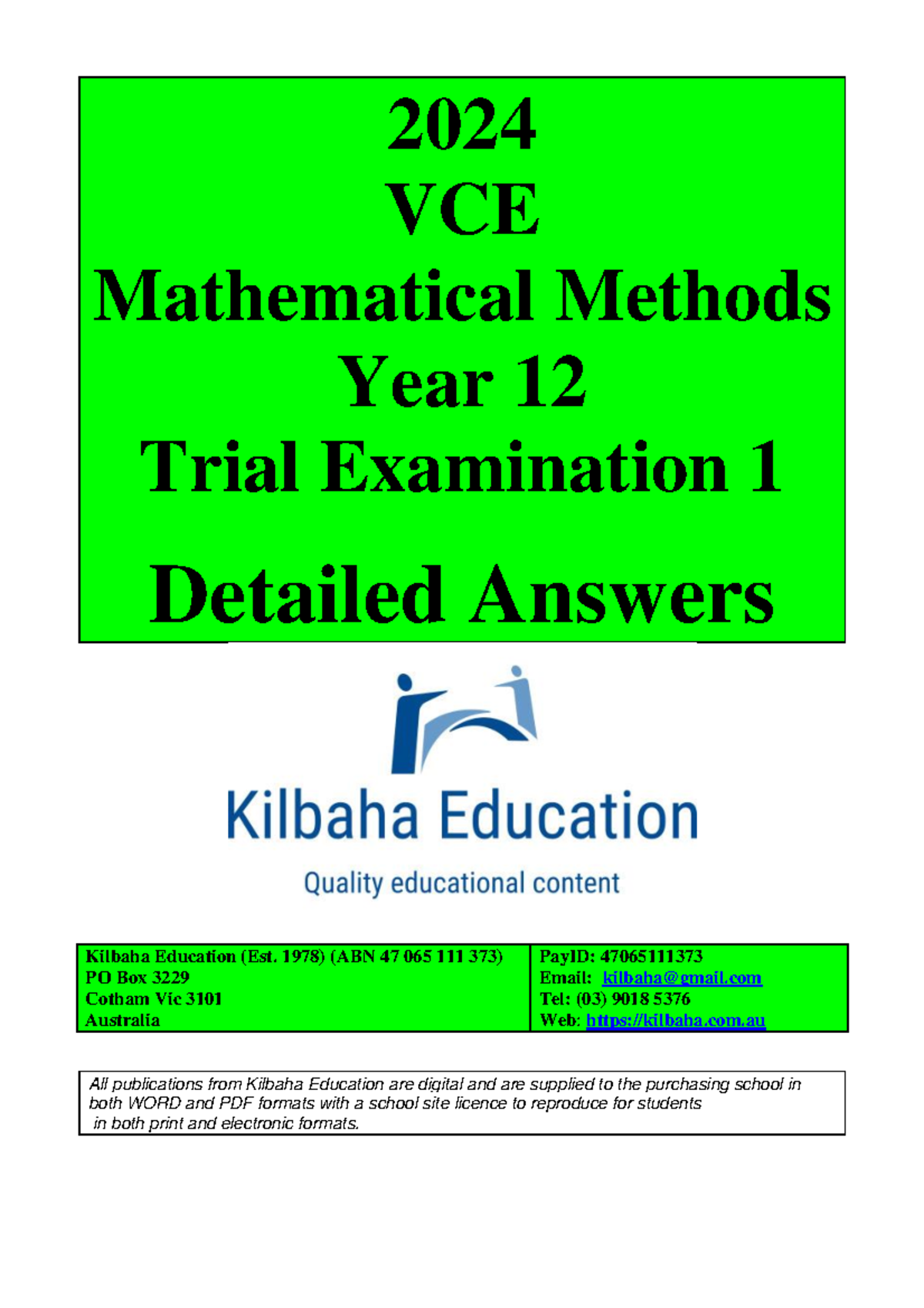 2024 VCE Mathematical Methods Year 12 Trial Exam 1 Detailed Answers ...