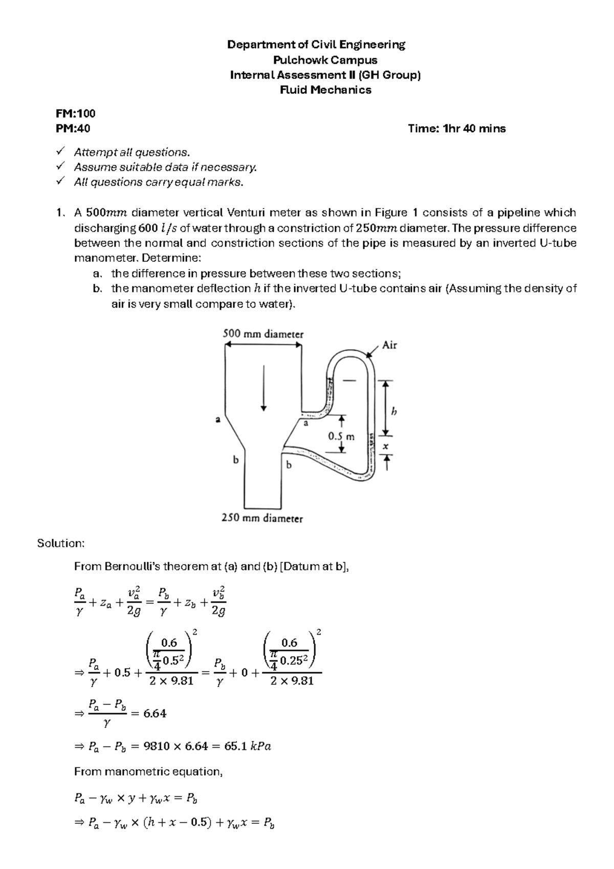Solutions Assessment II (GH Group) - Fluid Mechanics 2081 - Studocu