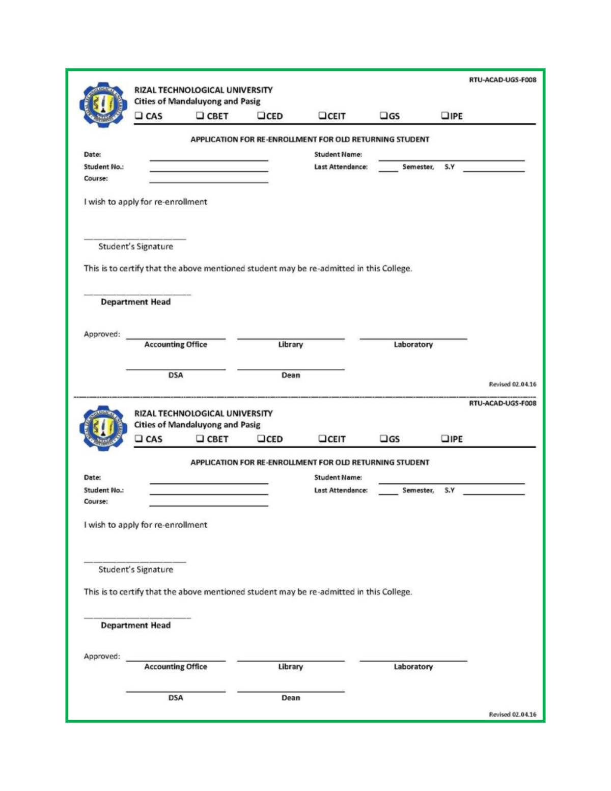 ESE 101 - Application for Old Returning Students and Academic Policies ...