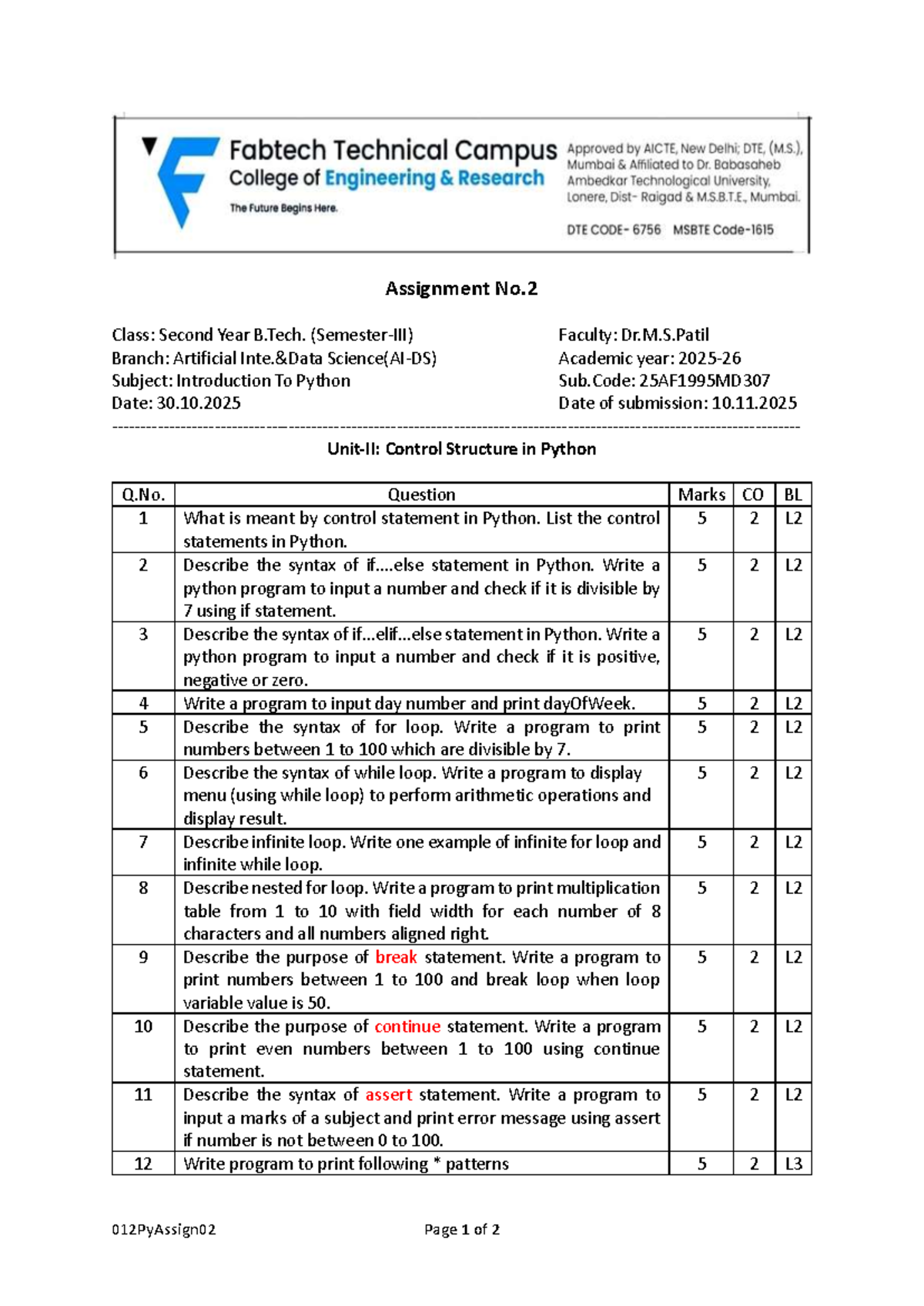 B.Tech 2nd Year Assignment 25AF1995MD307: Control Structures in Python ...
