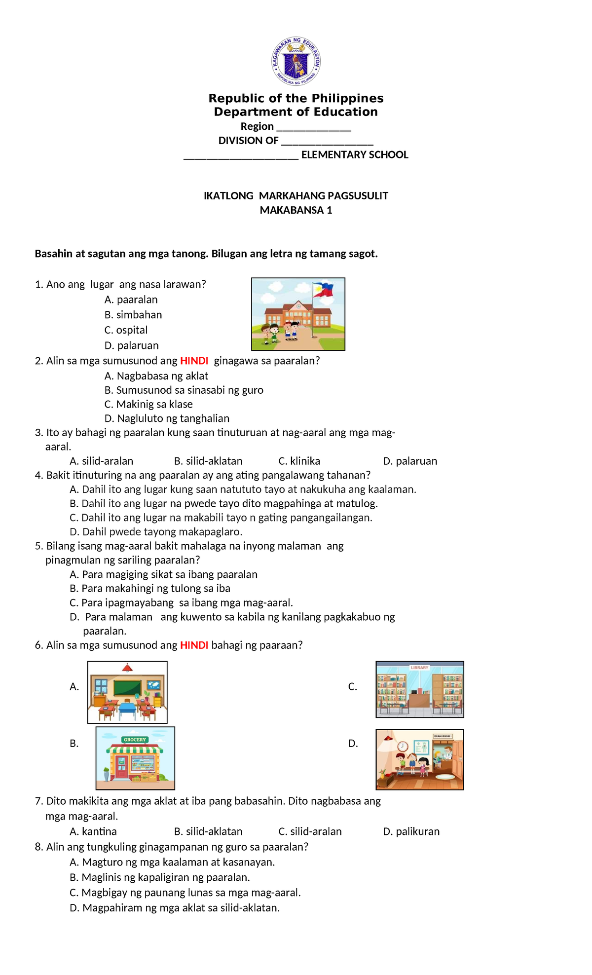 DTC PT Q3 Grade 1 Matatag Makabansa 1 Assessment Questions - Studocu
