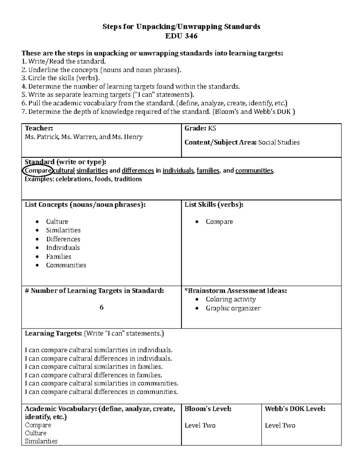 EDU 346 Social Studies: Unpacking Standards for Learning Targets - Studocu