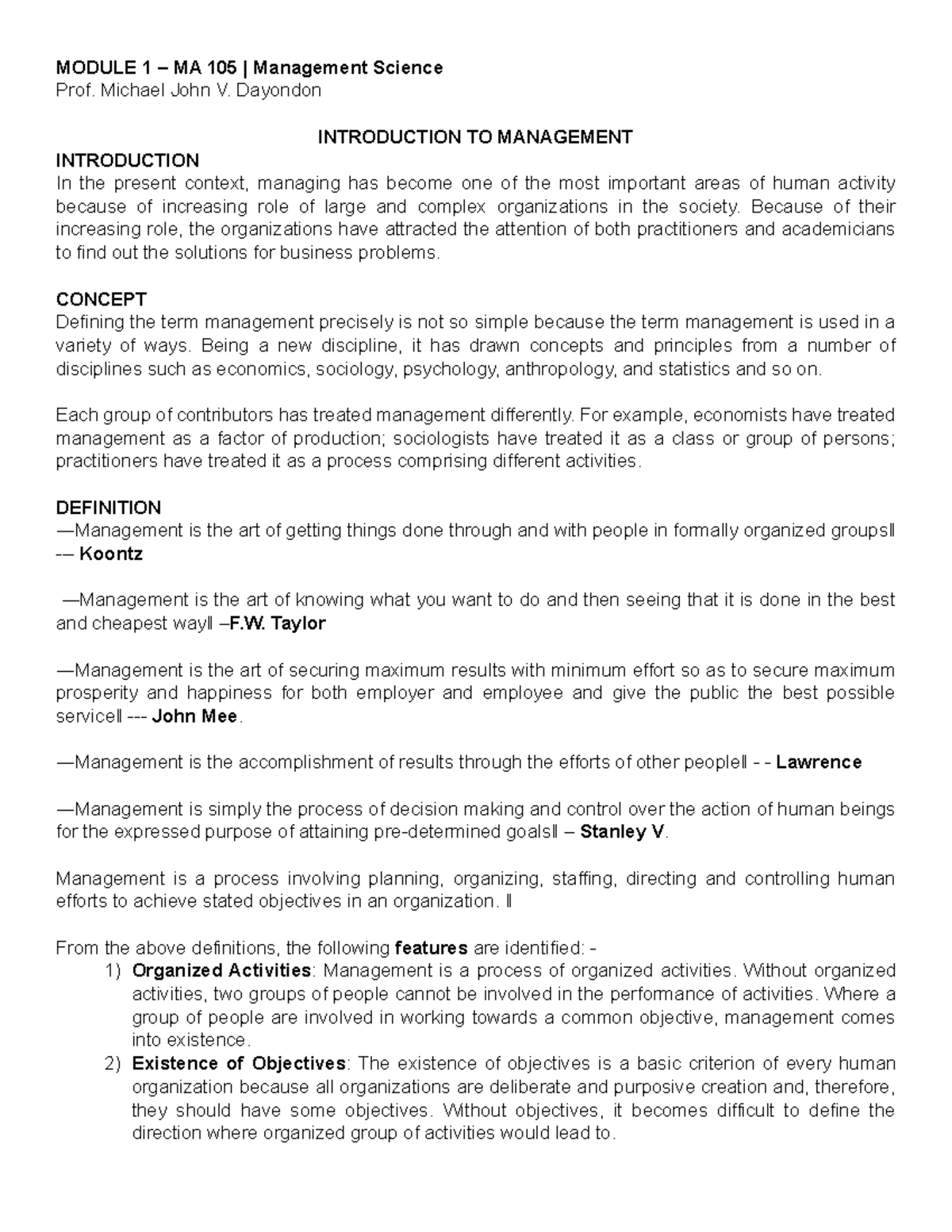 MA 105 Module 1 - Notes - MODULE 1 – MA 105 | Management Science Prof ...